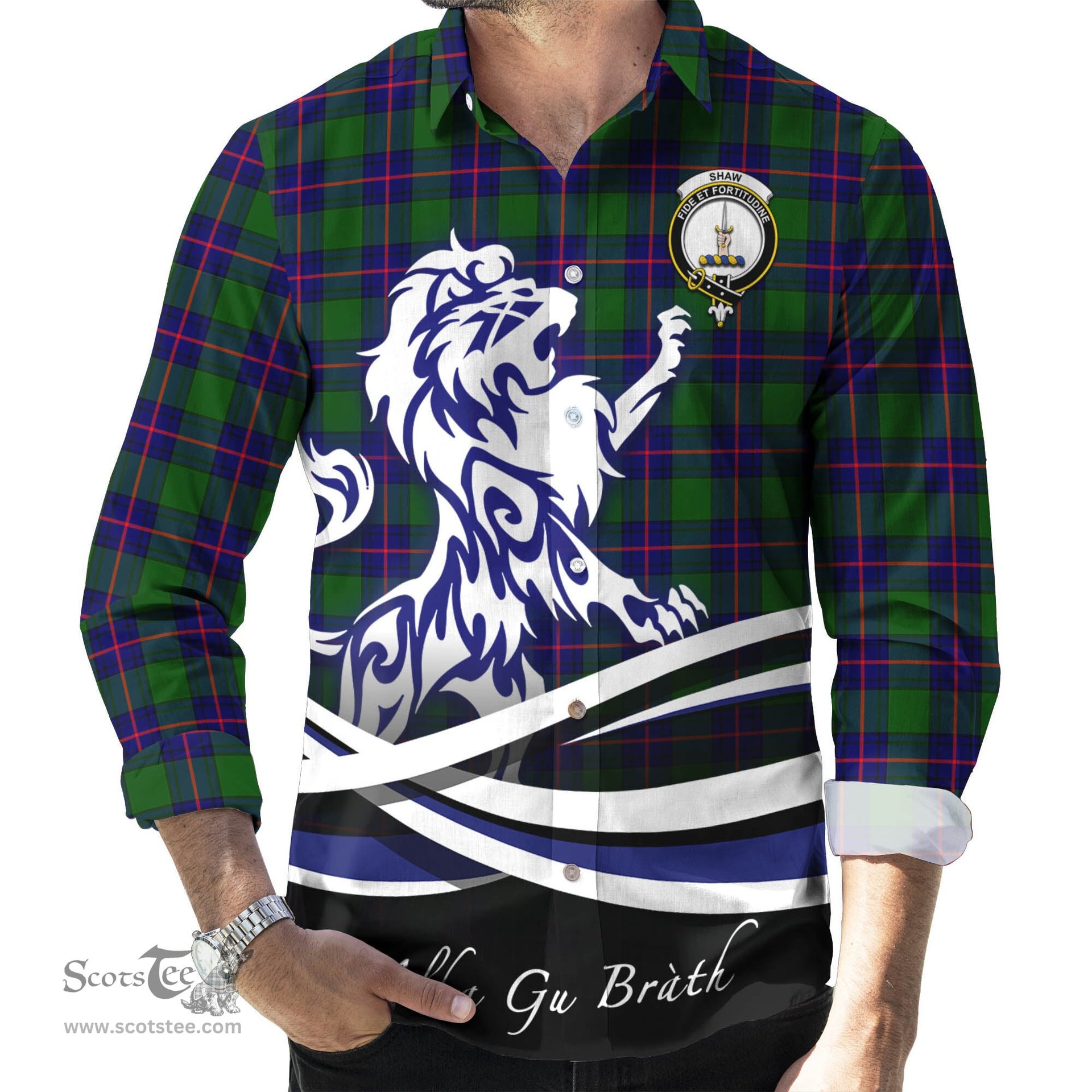 ScotsTee Shop Scottish Shaw Modern Clan Crest Tartan Alba Gu Brath Regal Lion Emblem Long Sleeve Shirt