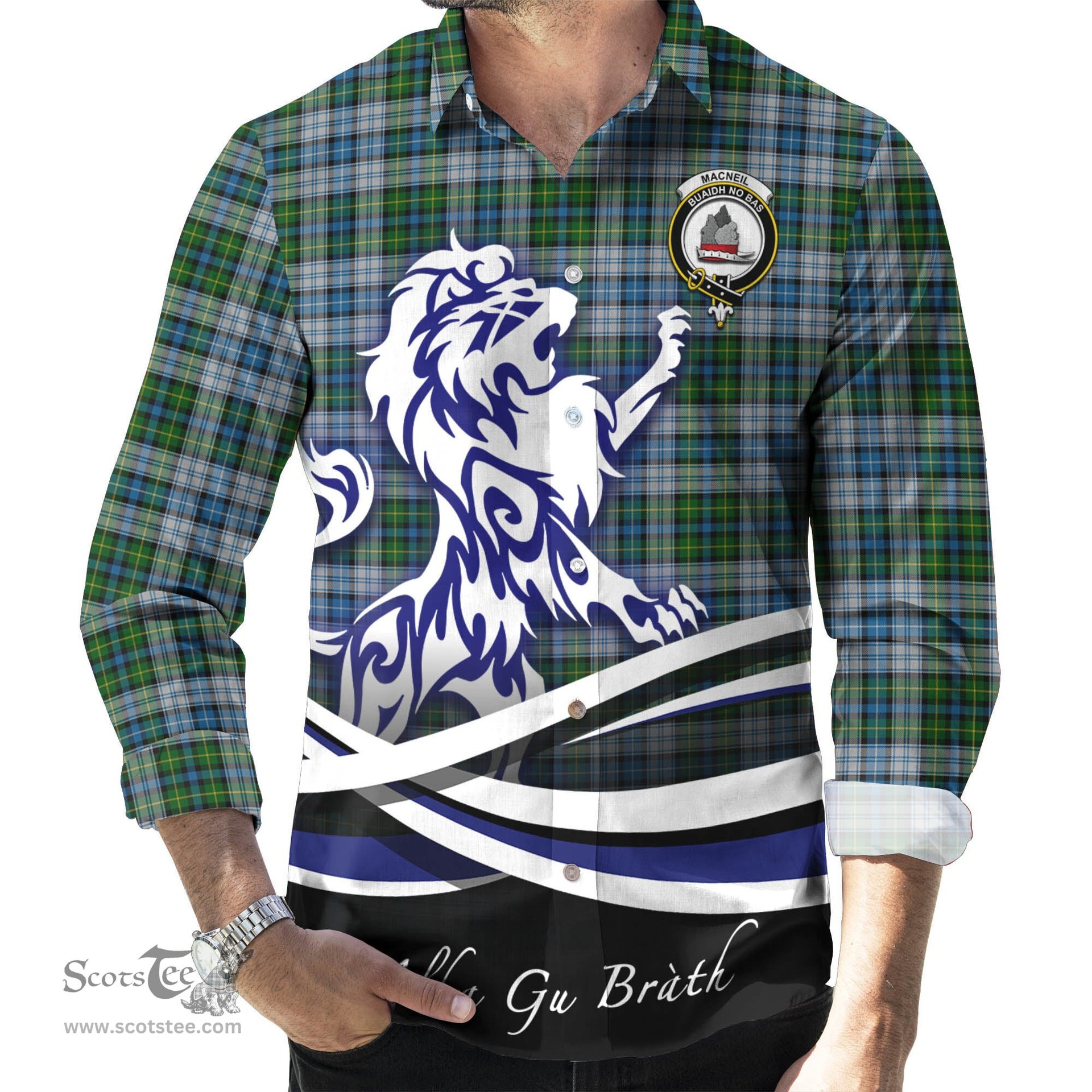 ScotsTee Shop Scottish MacNeil Dress Clan Crest Tartan Alba Gu Brath Regal Lion Emblem Long Sleeve Shirt