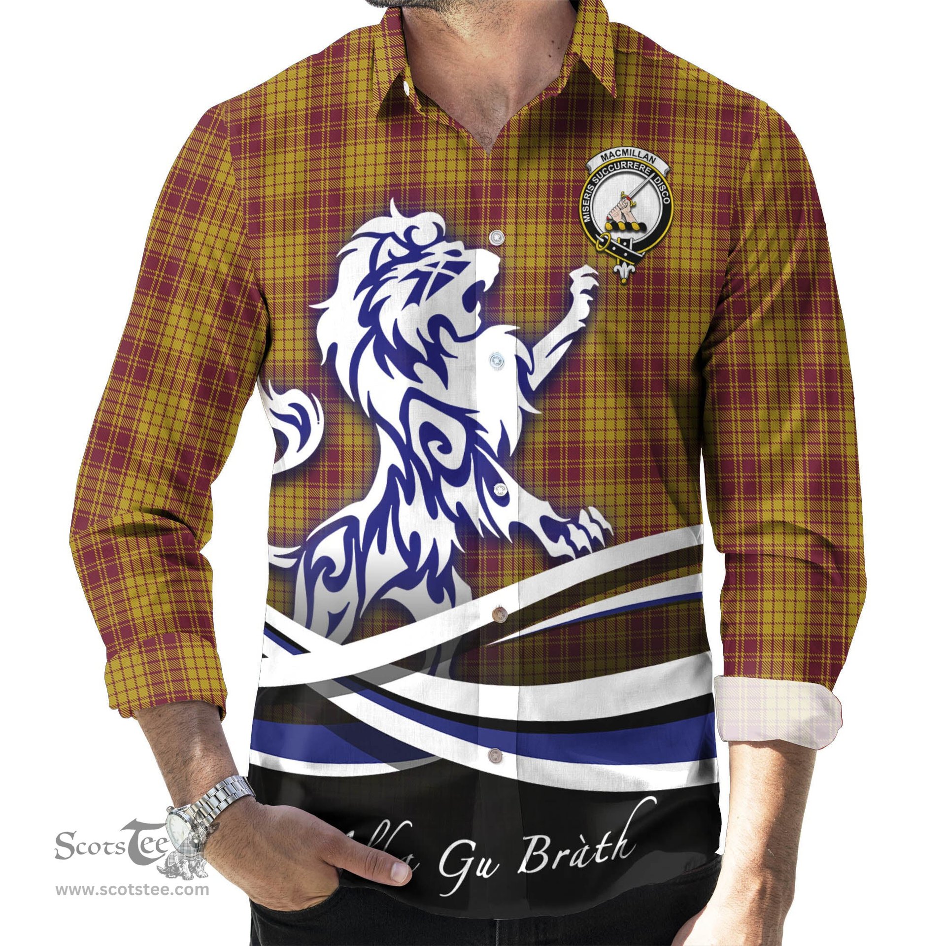 ScotsTee Shop Scottish MacMillan Dress Clan Crest Tartan Alba Gu Brath Regal Lion Emblem Long Sleeve Shirt