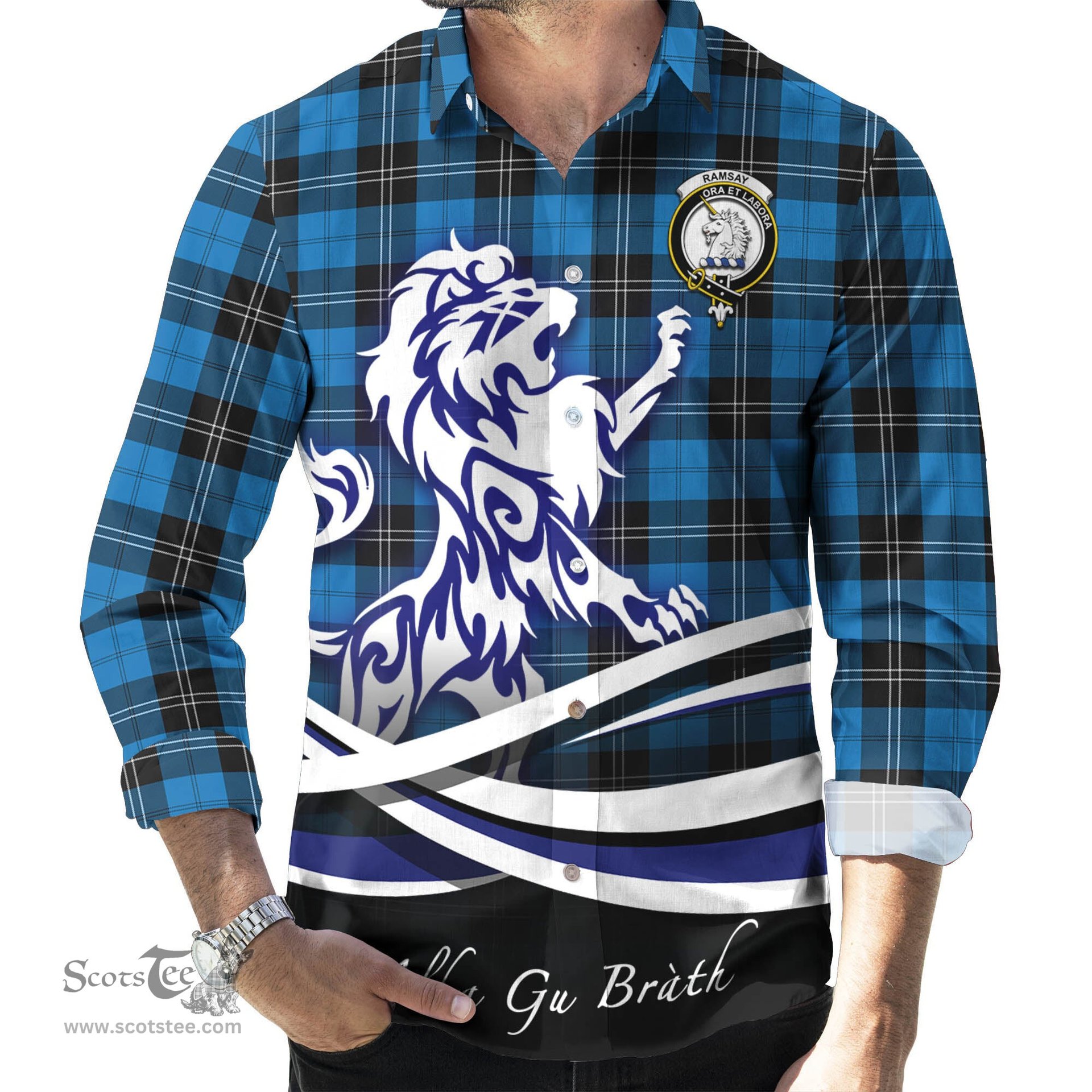 ScotsTee Shop Scottish Ramsay Blue Ancient Clan Crest Tartan Alba Gu Brath Regal Lion Emblem Long Sleeve Shirt