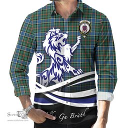 ScotsTee Shop Scottish Ogilvie (Ogilvy) Hunting Ancient Clan Crest Tartan Alba Gu Brath Regal Lion Emblem Long Sleeve Shirt