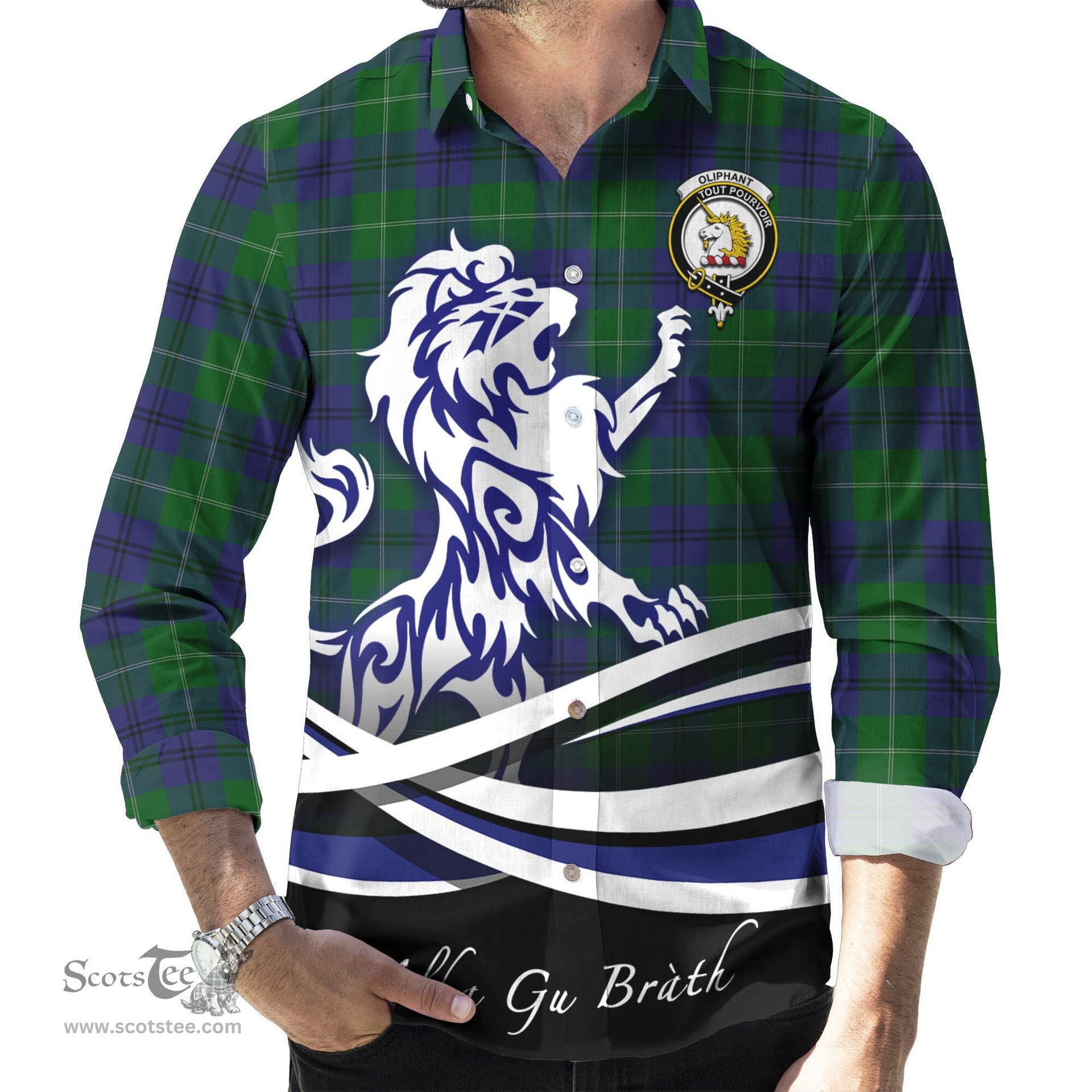 ScotsTee Shop Scottish Oliphant Clan Crest Tartan Alba Gu Brath Regal Lion Emblem Long Sleeve Shirt