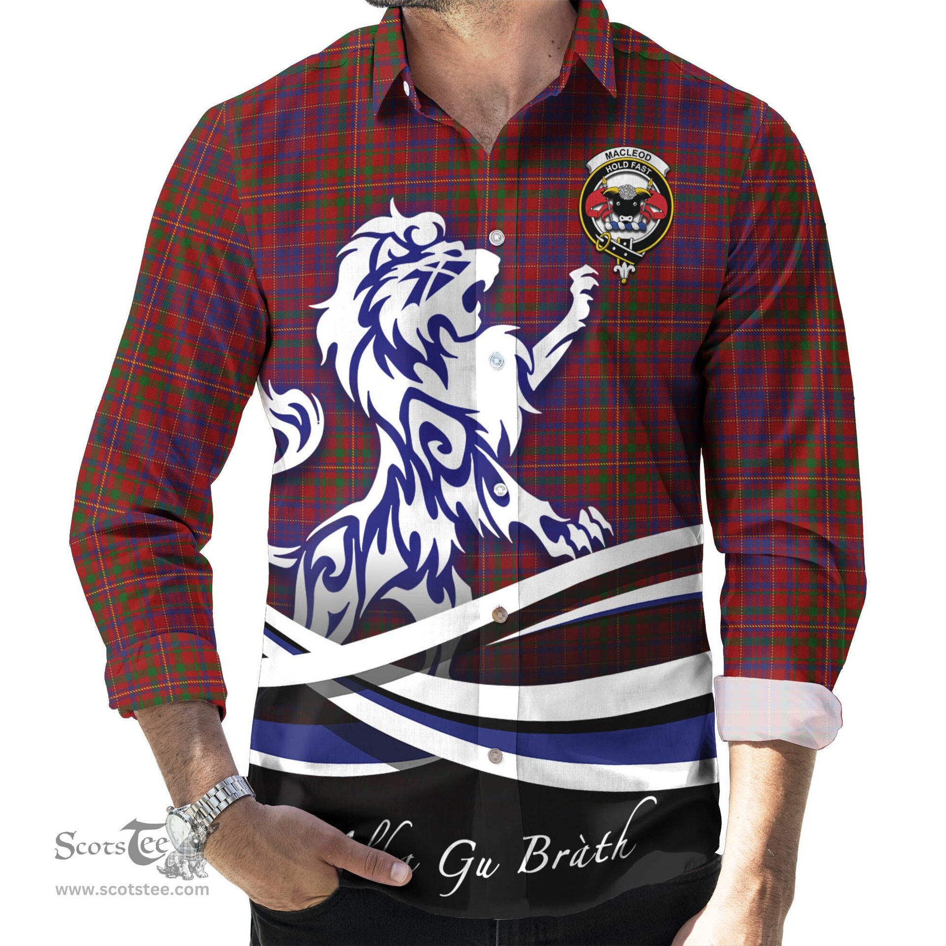 ScotsTee Shop Scottish MacLeod Red Clan Crest Tartan Alba Gu Brath Regal Lion Emblem Long Sleeve Shirt