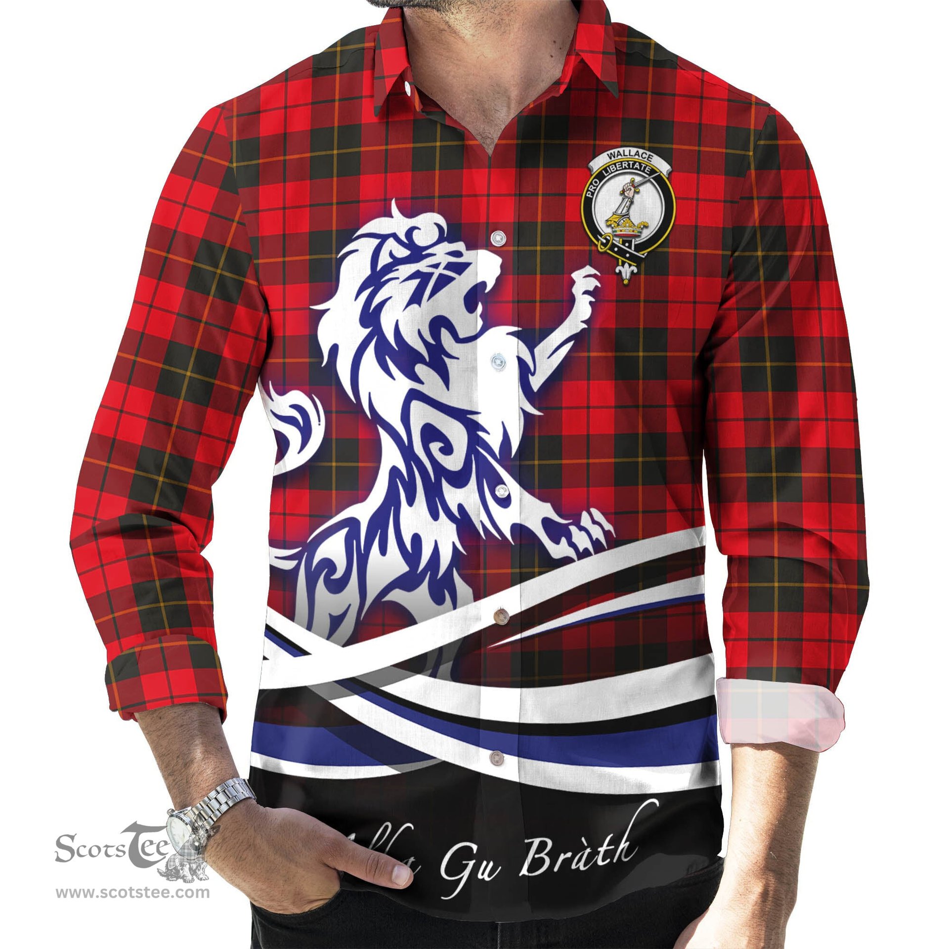 ScotsTee Shop Scottish Wallace Weathered Clan Crest Tartan Alba Gu Brath Regal Lion Emblem Long Sleeve Shirt