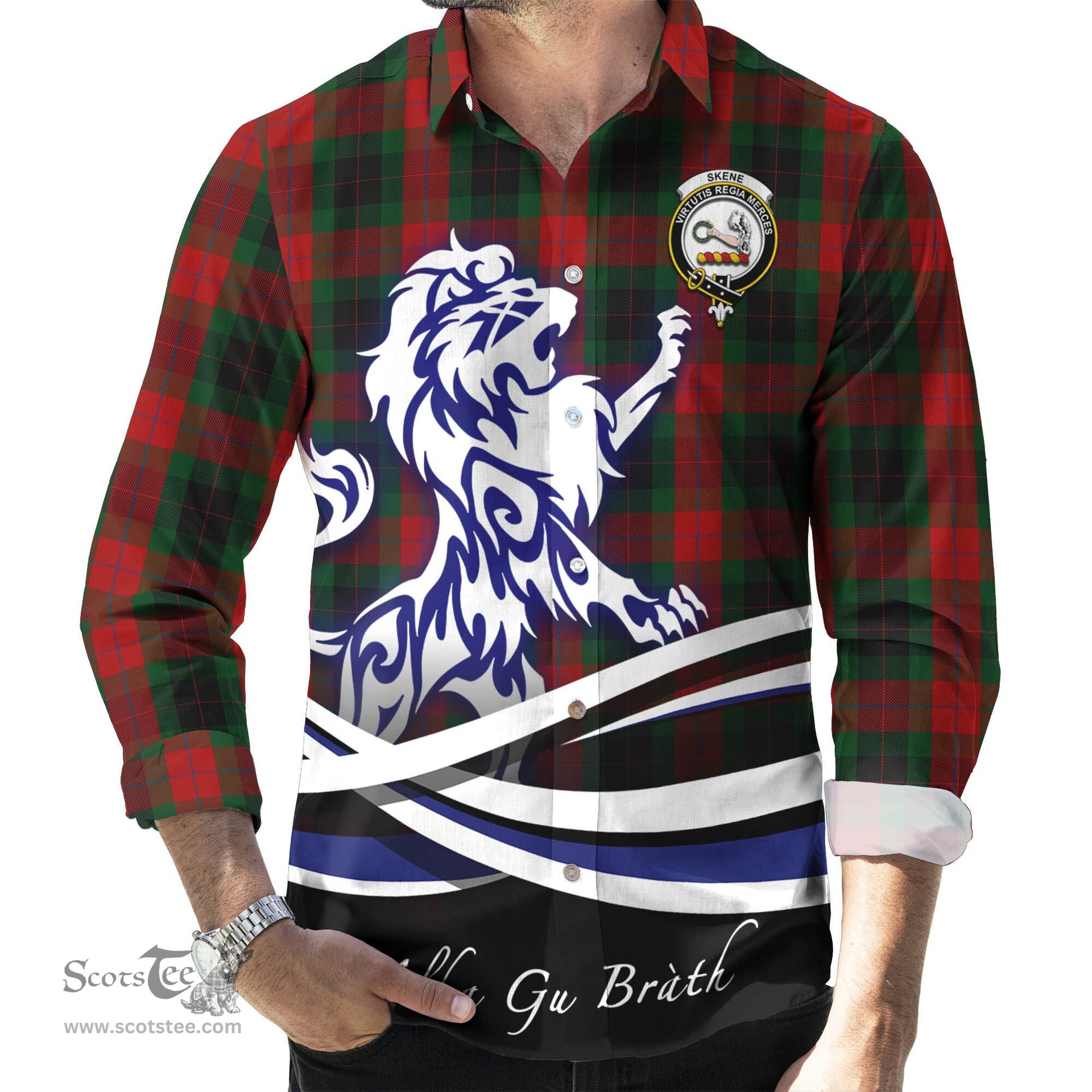 ScotsTee Shop Scottish Skene of Cromar Black Clan Crest Tartan Alba Gu Brath Regal Lion Emblem Long Sleeve Shirt
