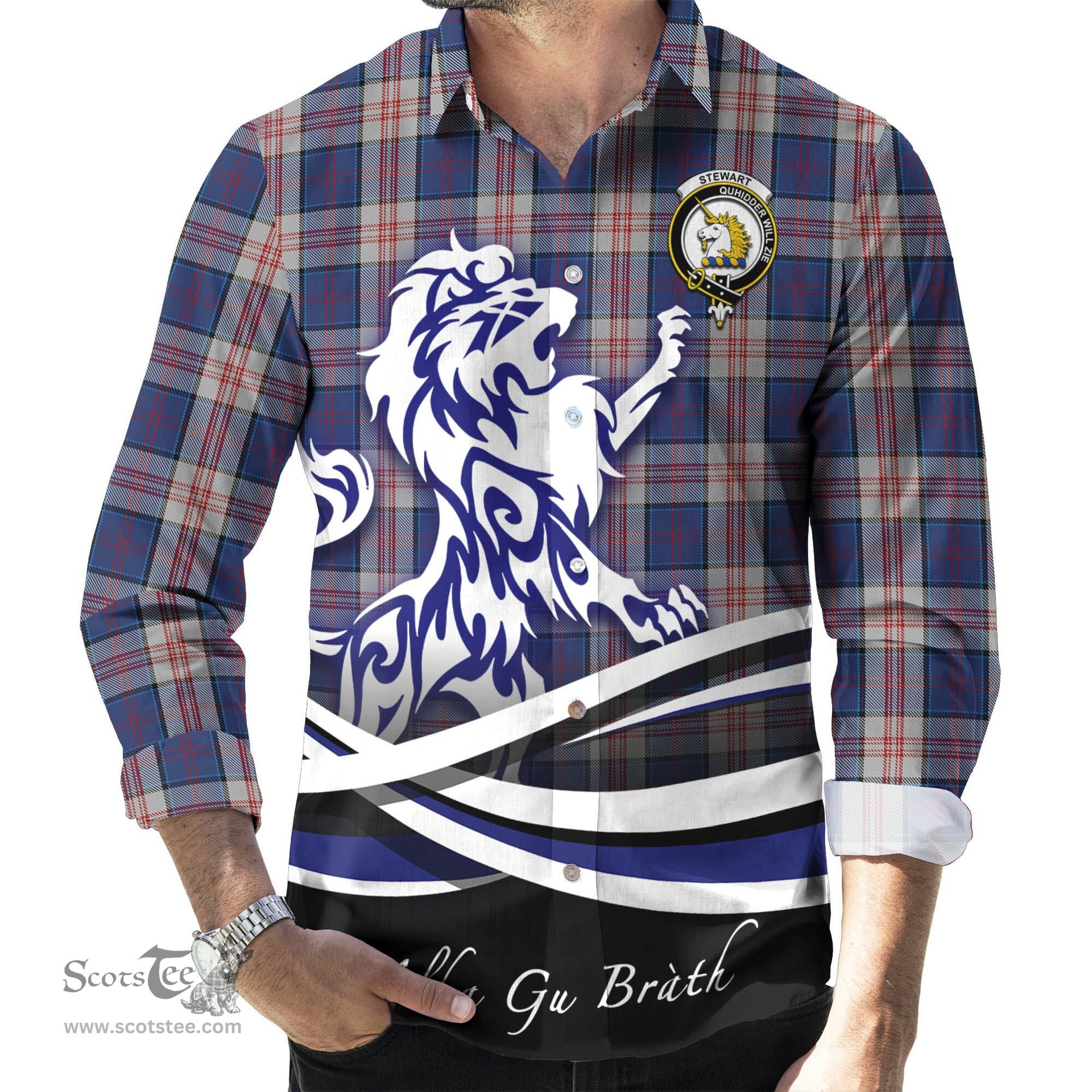 ScotsTee Shop Scottish Stewart of Appin Hunting Dress Clan Crest Tartan Alba Gu Brath Regal Lion Emblem Long Sleeve Shirt