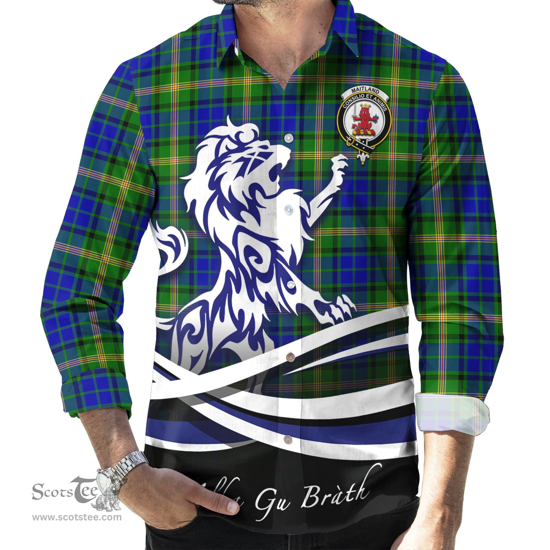 ScotsTee Shop Scottish Maitland Clan Crest Tartan Alba Gu Brath Regal Lion Emblem Long Sleeve Shirt