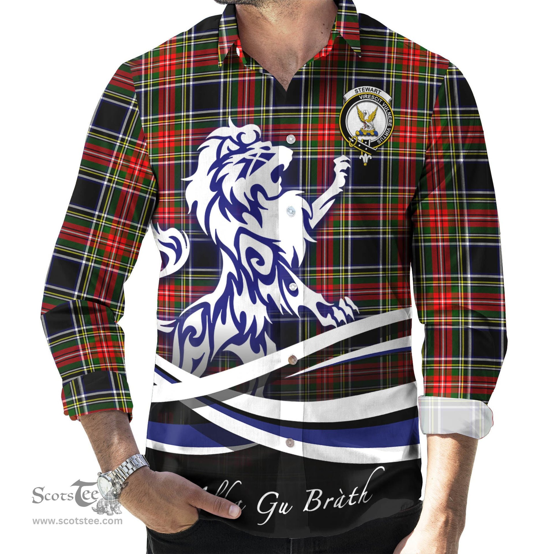 ScotsTee Shop Scottish Stewart Black Clan Crest Tartan Alba Gu Brath Regal Lion Emblem Long Sleeve Shirt