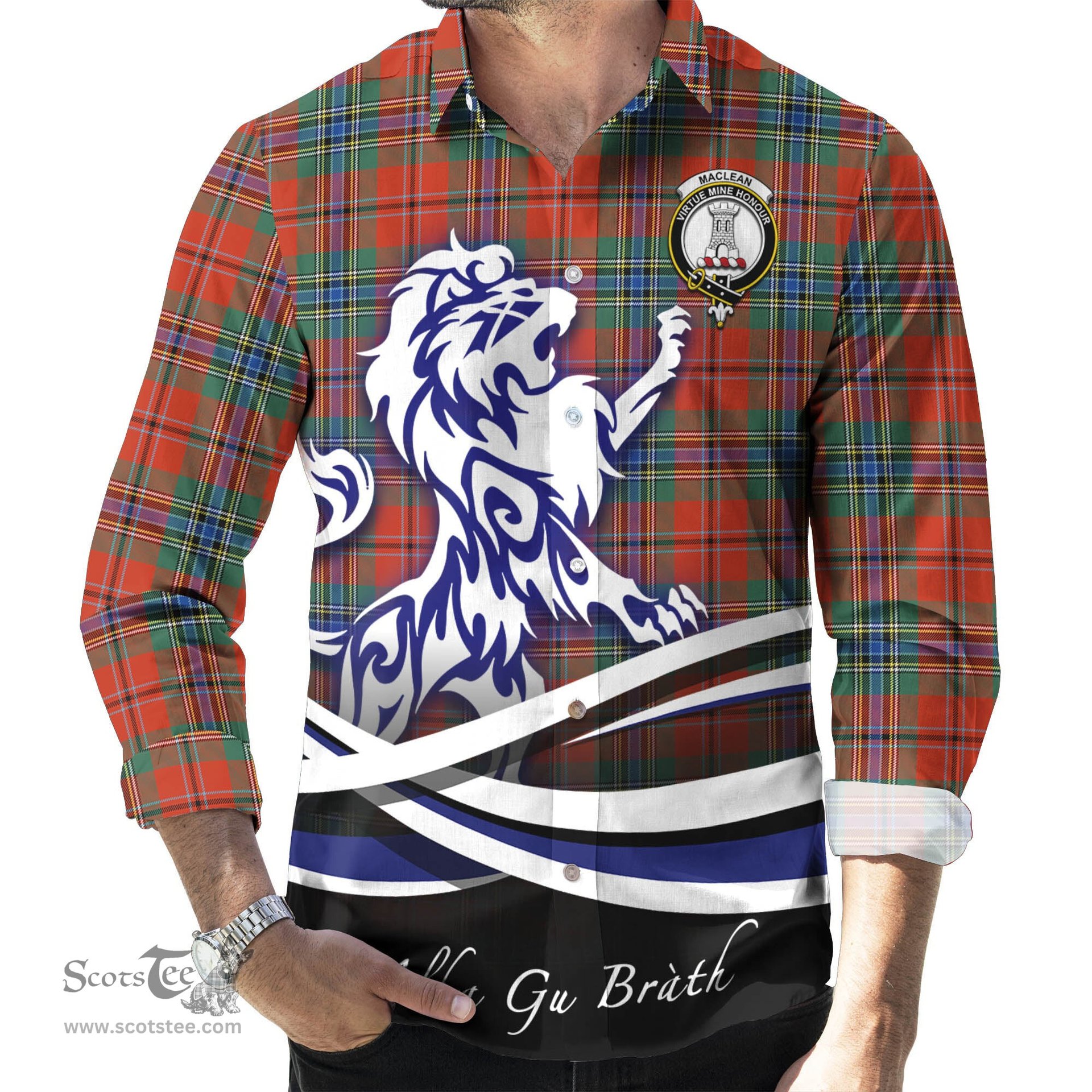 ScotsTee Shop Scottish MacLean of Duart Ancient Clan Crest Tartan Alba Gu Brath Regal Lion Emblem Long Sleeve Shirt