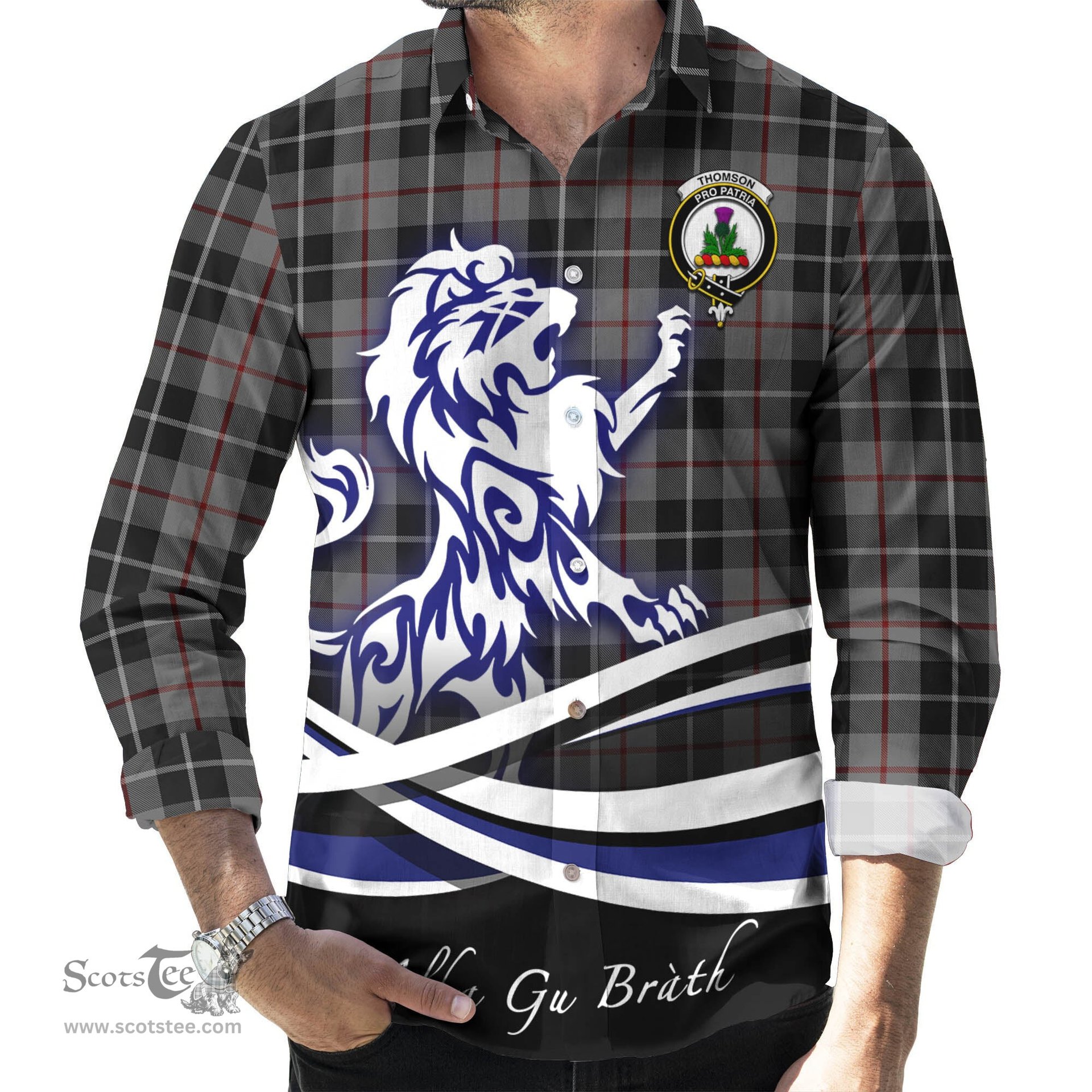 ScotsTee Shop Scottish Thompson Grey Clan Crest Tartan Alba Gu Brath Regal Lion Emblem Long Sleeve Shirt