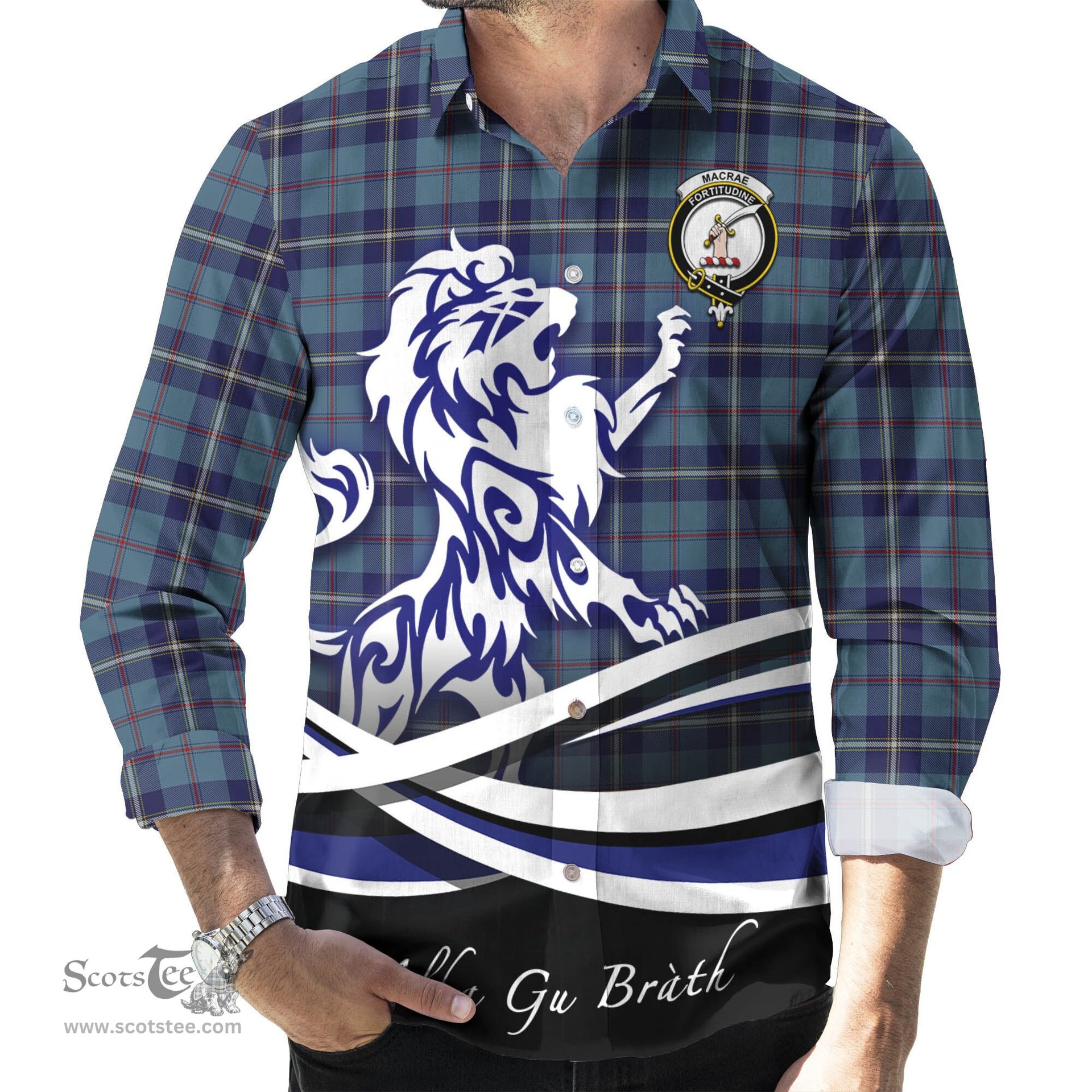 ScotsTee Shop Scottish MacRaes of America Clan Crest Tartan Alba Gu Brath Regal Lion Emblem Long Sleeve Shirt