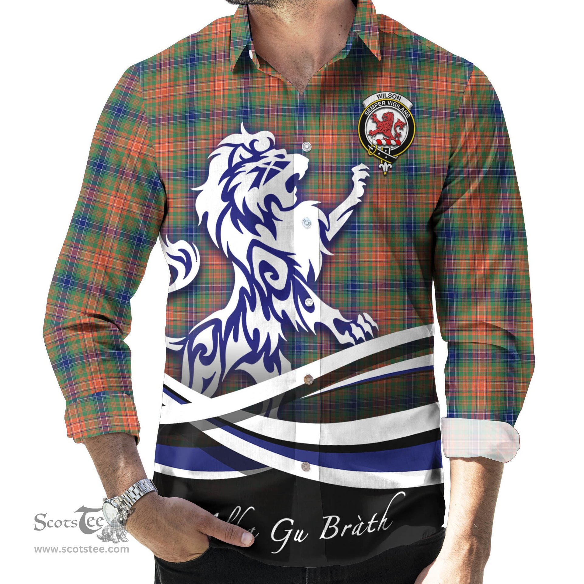 ScotsTee Shop Scottish Wilson Ancient Clan Crest Tartan Alba Gu Brath Regal Lion Emblem Long Sleeve Shirt
