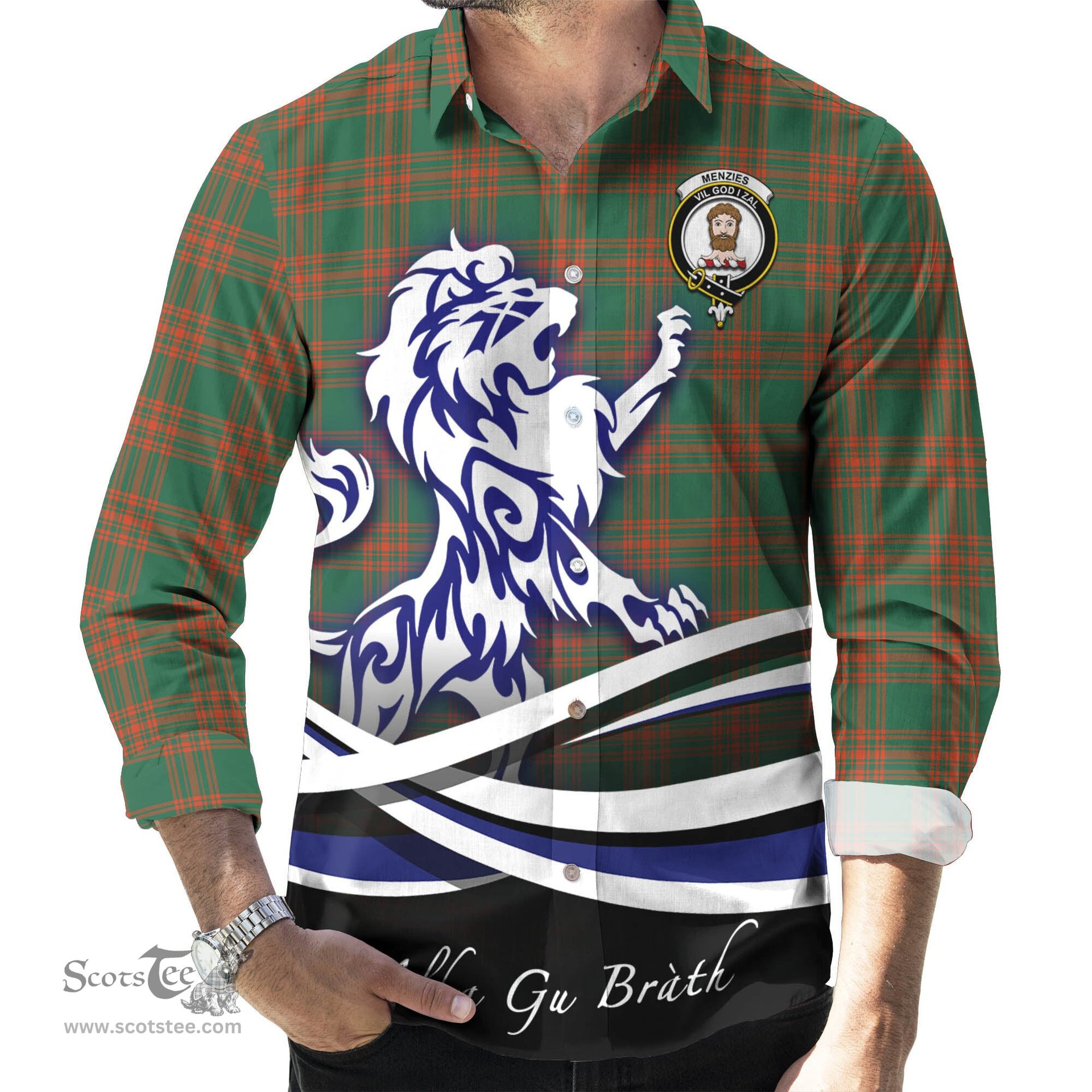 ScotsTee Shop Scottish Menzies Green Ancient Clan Crest Tartan Alba Gu Brath Regal Lion Emblem Long Sleeve Shirt