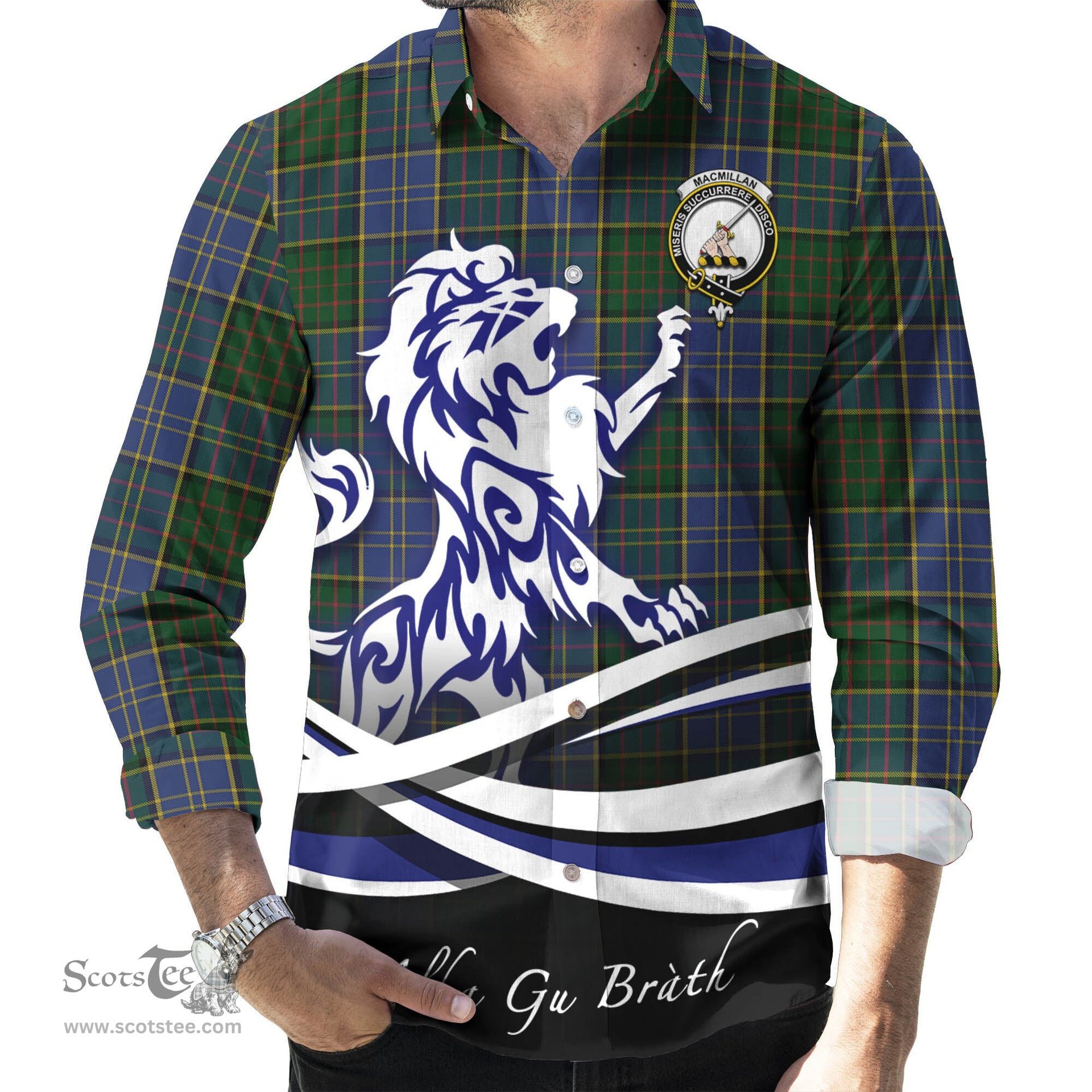 ScotsTee Shop Scottish MacMillan Hunting Clan Crest Tartan Alba Gu Brath Regal Lion Emblem Long Sleeve Shirt