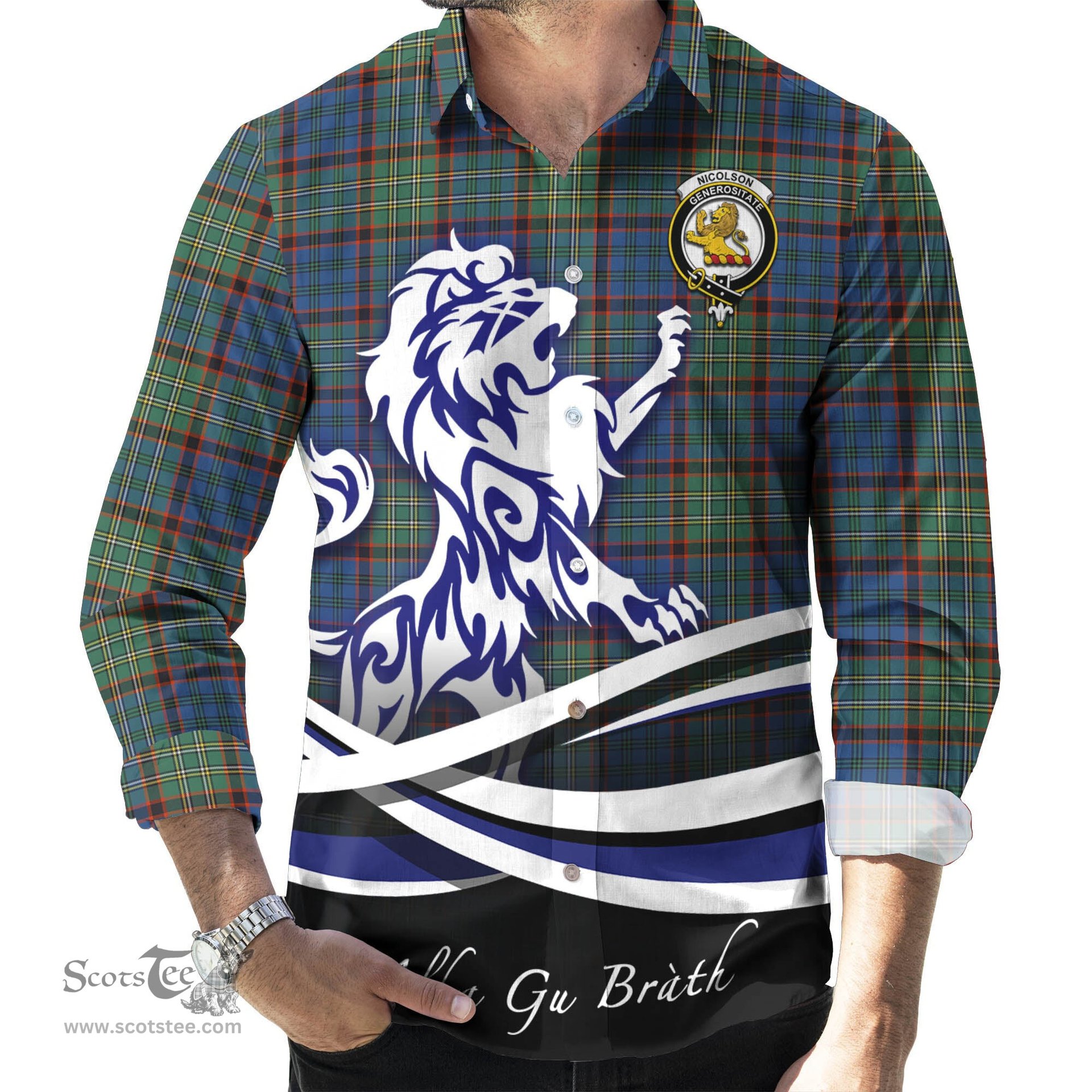 ScotsTee Shop Scottish Nicolson Hunting Ancient Clan Crest Tartan Alba Gu Brath Regal Lion Emblem Long Sleeve Shirt