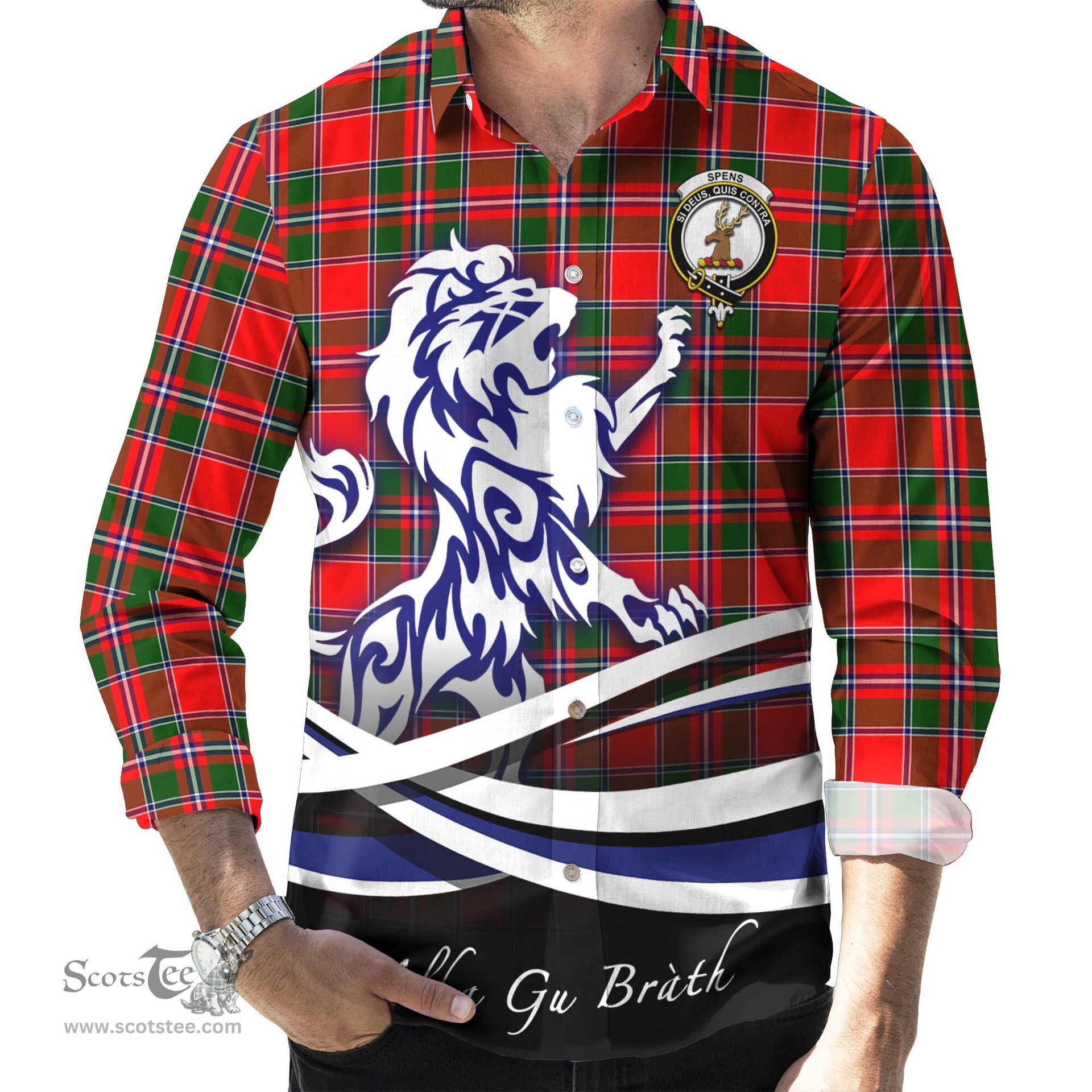 ScotsTee Shop Scottish Spens Modern Clan Crest Tartan Alba Gu Brath Regal Lion Emblem Long Sleeve Shirt