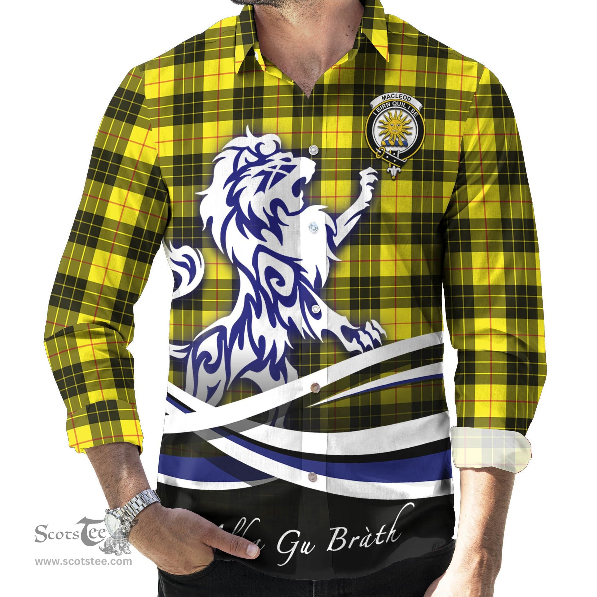 ScotsTee Shop Scottish MacLeod of Lewis Modern Clan Crest Tartan Alba Gu Brath Regal Lion Emblem Long Sleeve Shirt
