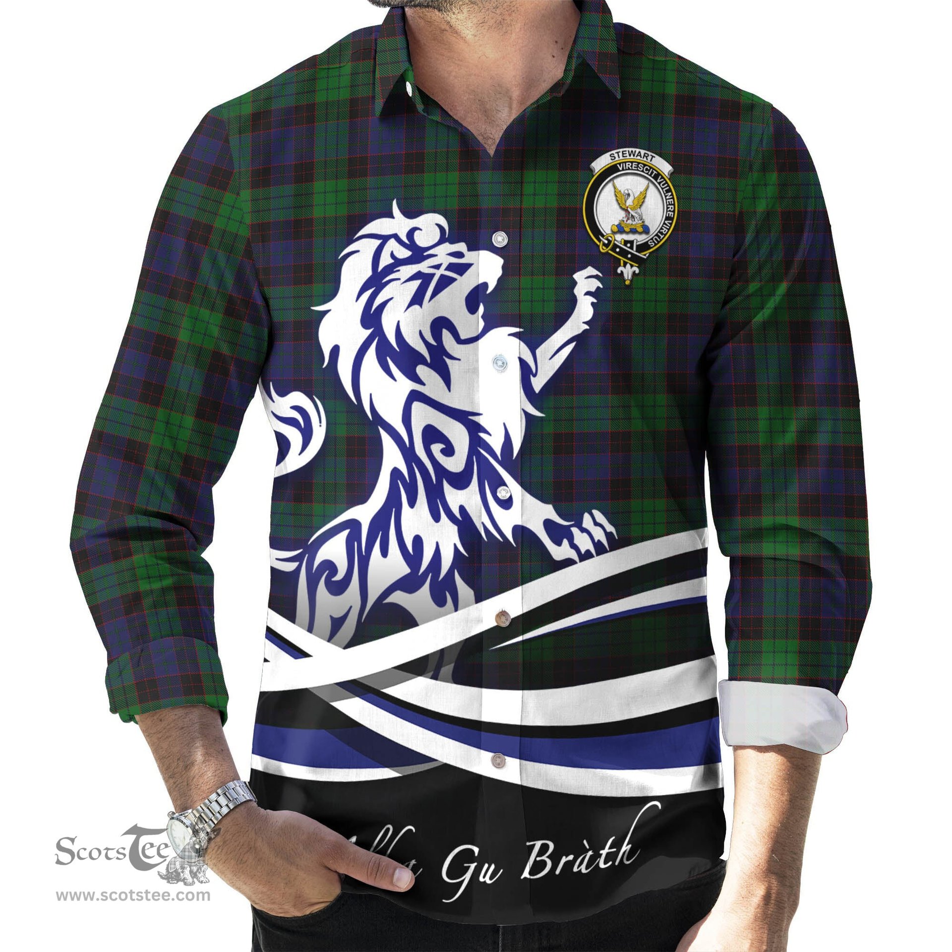 ScotsTee Shop Scottish Stewart Old Clan Crest Tartan Alba Gu Brath Regal Lion Emblem Long Sleeve Shirt