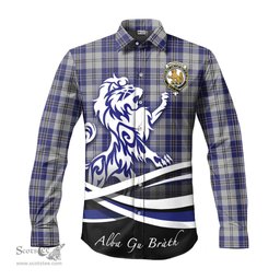 ScotsTee Shop Scottish MacPherson Dress Blue Clan Crest Tartan Alba Gu Brath Regal Lion Emblem Long Sleeve Shirt