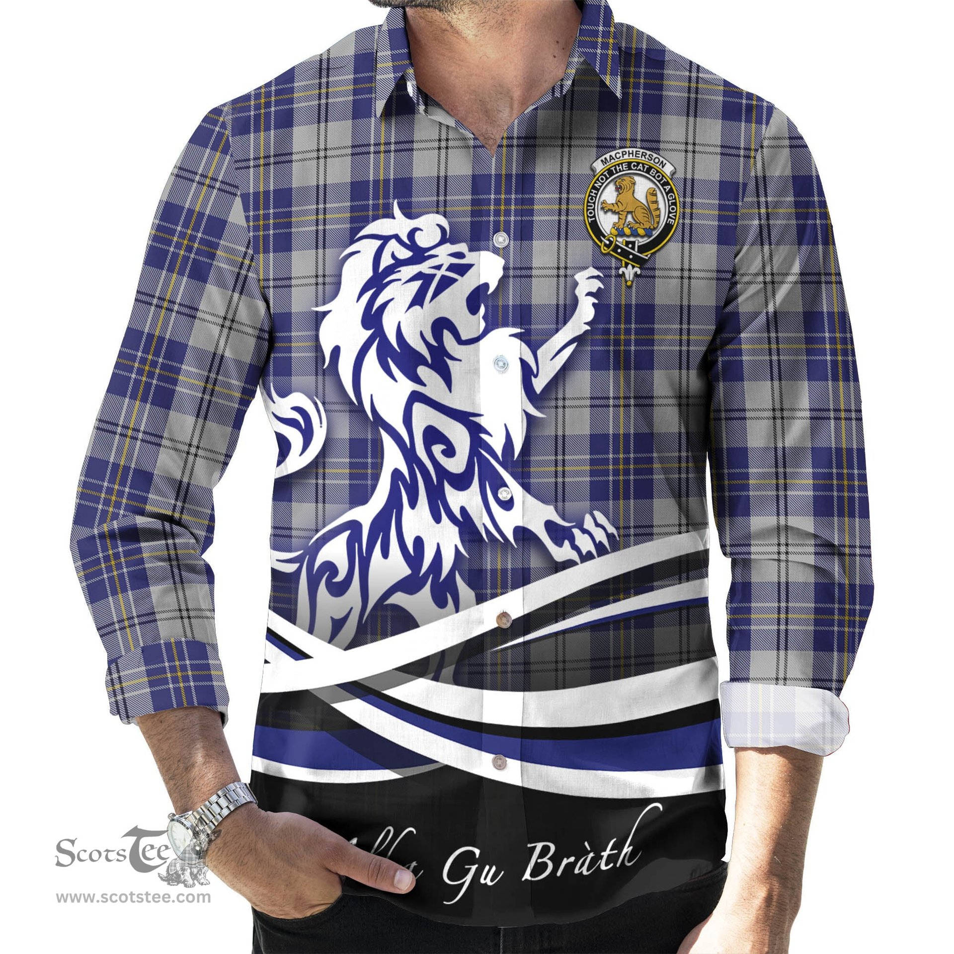 ScotsTee Shop Scottish MacPherson Dress Blue Clan Crest Tartan Alba Gu Brath Regal Lion Emblem Long Sleeve Shirt