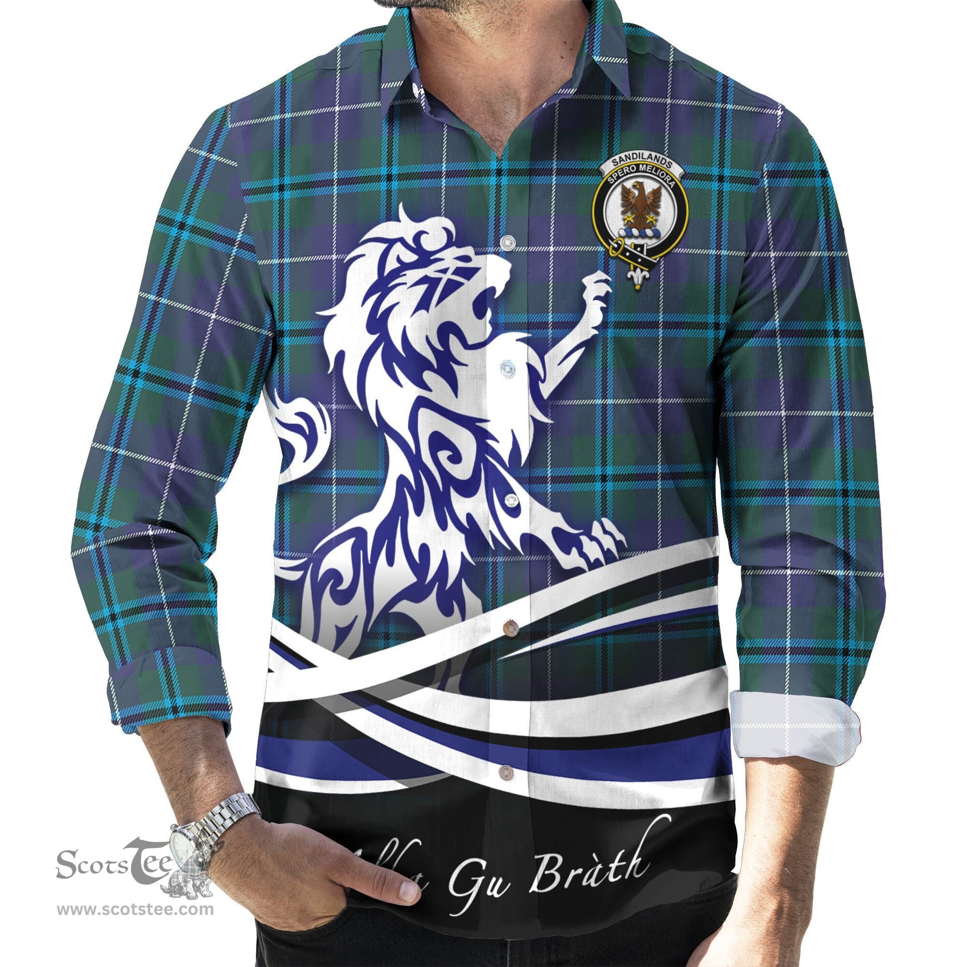 ScotsTee Shop Scottish Sandilands Clan Crest Tartan Alba Gu Brath Regal Lion Emblem Long Sleeve Shirt