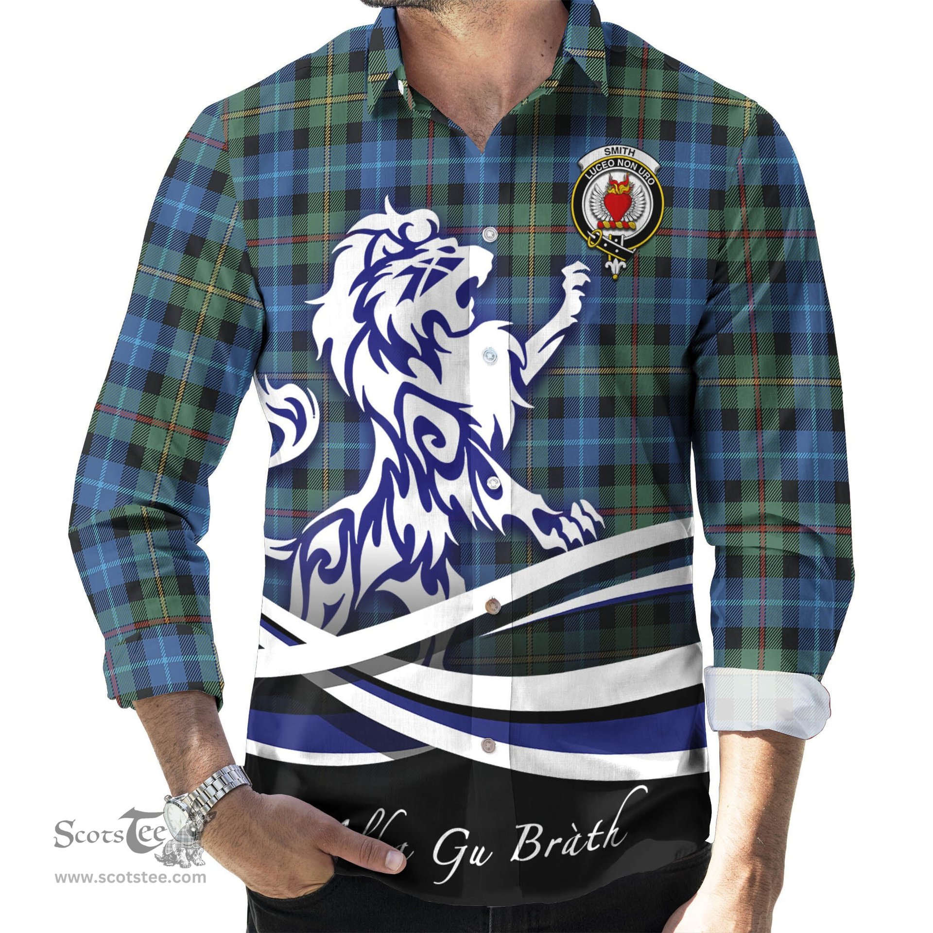 ScotsTee Shop Scottish Smith Ancient Clan Crest Tartan Alba Gu Brath Regal Lion Emblem Long Sleeve Shirt