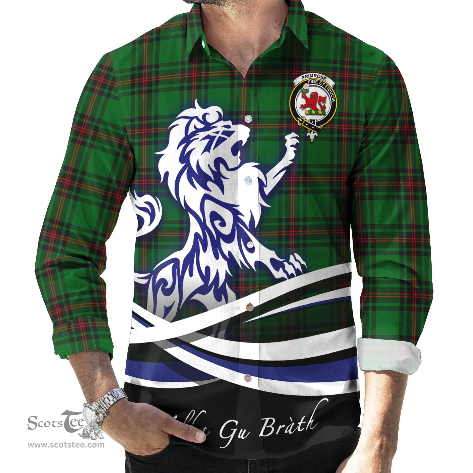 ScotsTee Shop Scottish Primrose Clan Crest Tartan Alba Gu Brath Regal Lion Emblem Long Sleeve Shirt