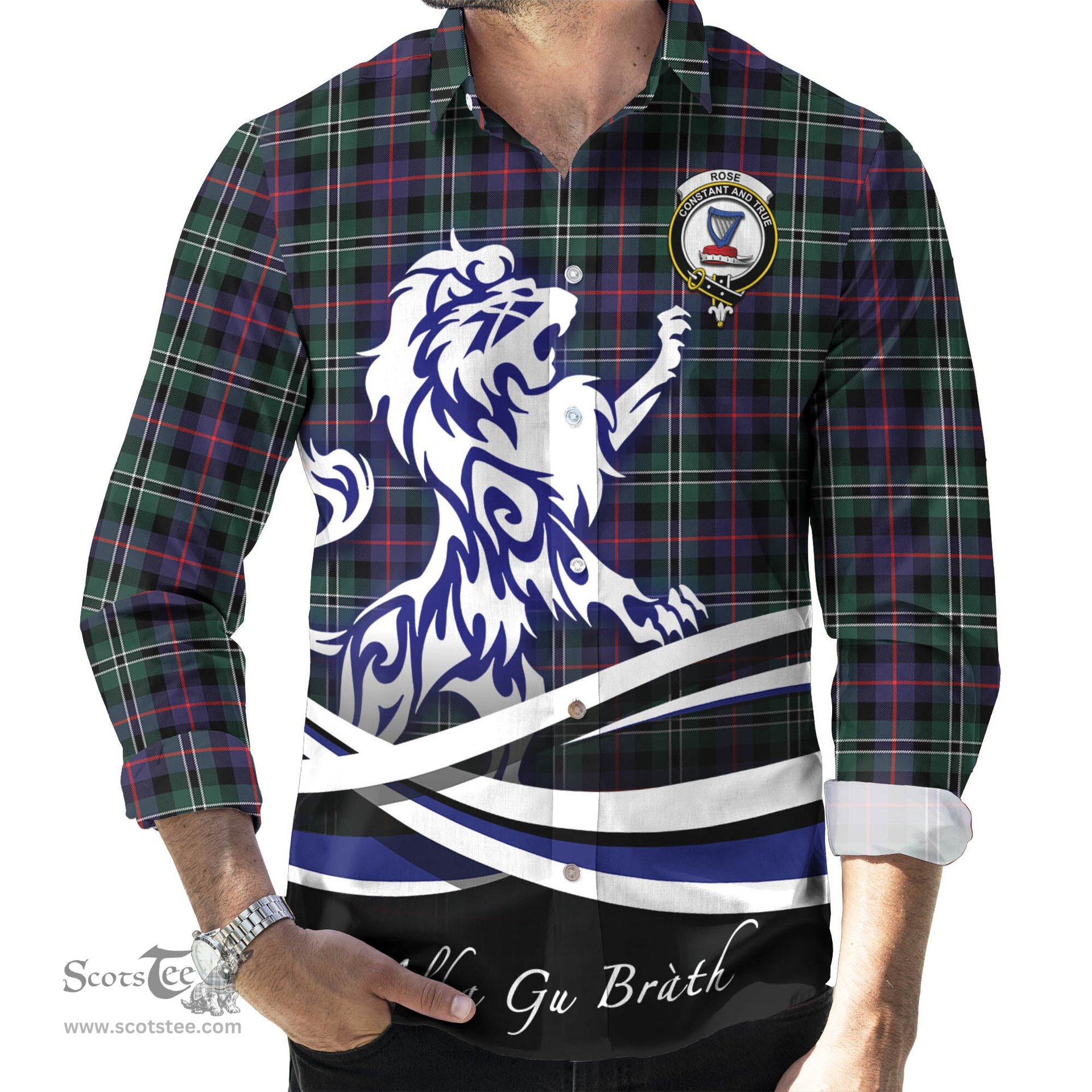 ScotsTee Shop Scottish Rose Hunting Modern Clan Crest Tartan Alba Gu Brath Regal Lion Emblem Long Sleeve Shirt
