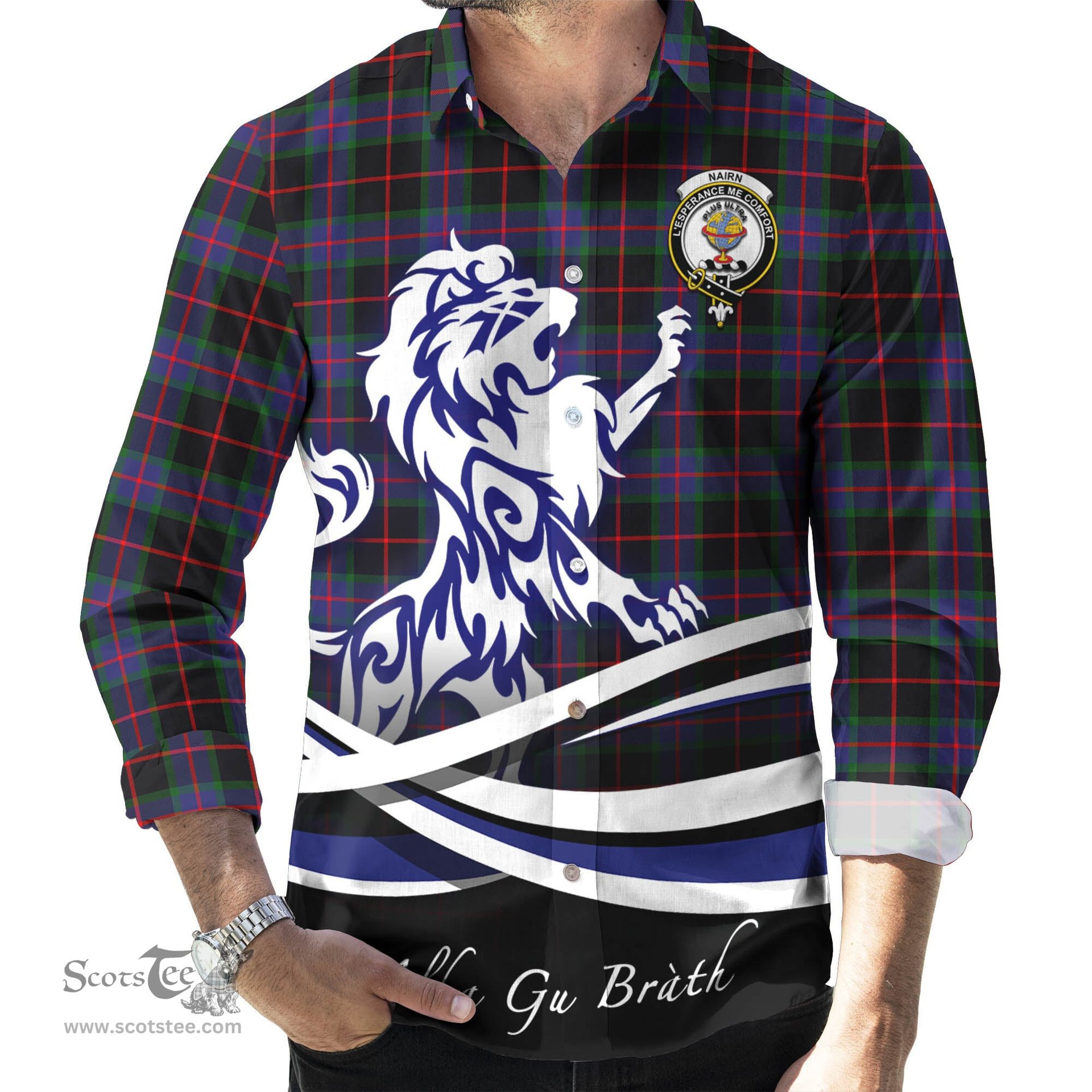 ScotsTee Shop Scottish Nairn Clan Crest Tartan Alba Gu Brath Regal Lion Emblem Long Sleeve Shirt