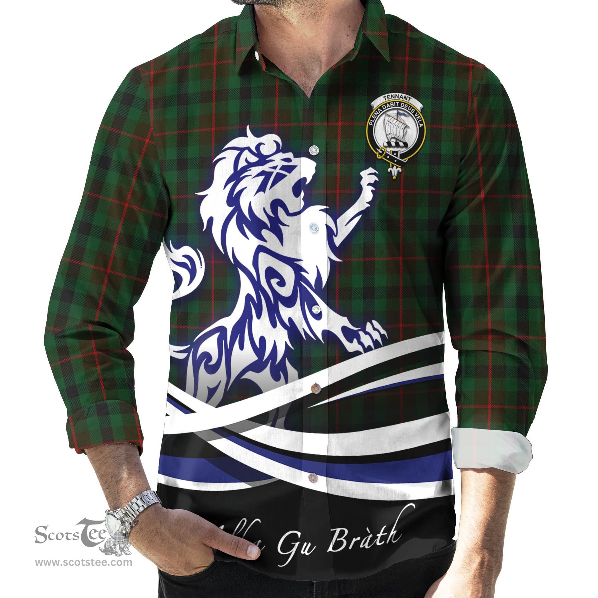 ScotsTee Shop Scottish Tennant Clan Crest Tartan Alba Gu Brath Regal Lion Emblem Long Sleeve Shirt