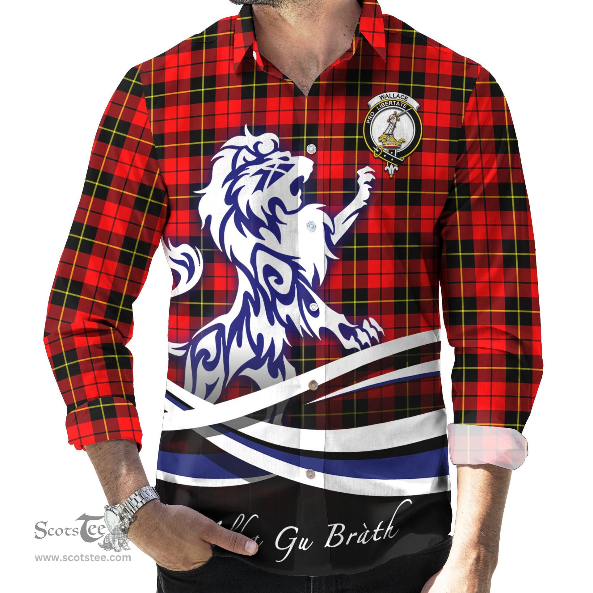 ScotsTee Shop Scottish Wallace Hunting Red Clan Crest Tartan Alba Gu Brath Regal Lion Emblem Long Sleeve Shirt