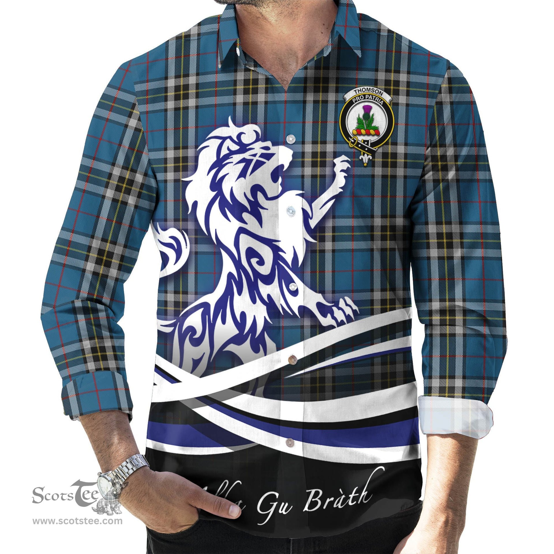 ScotsTee Shop Scottish Thomson Dress Blue Clan Crest Tartan Alba Gu Brath Regal Lion Emblem Long Sleeve Shirt