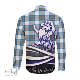 ScotsTee Shop Scottish Stewart Muted Blue Clan Crest Tartan Alba Gu Brath Regal Lion Emblem Long Sleeve Shirt