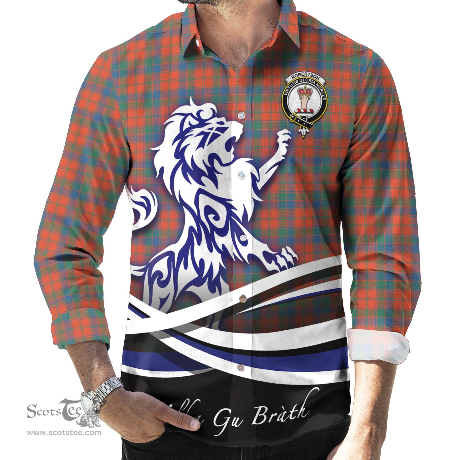 ScotsTee Shop Scottish Robertson Ancient Clan Crest Tartan Alba Gu Brath Regal Lion Emblem Long Sleeve Shirt