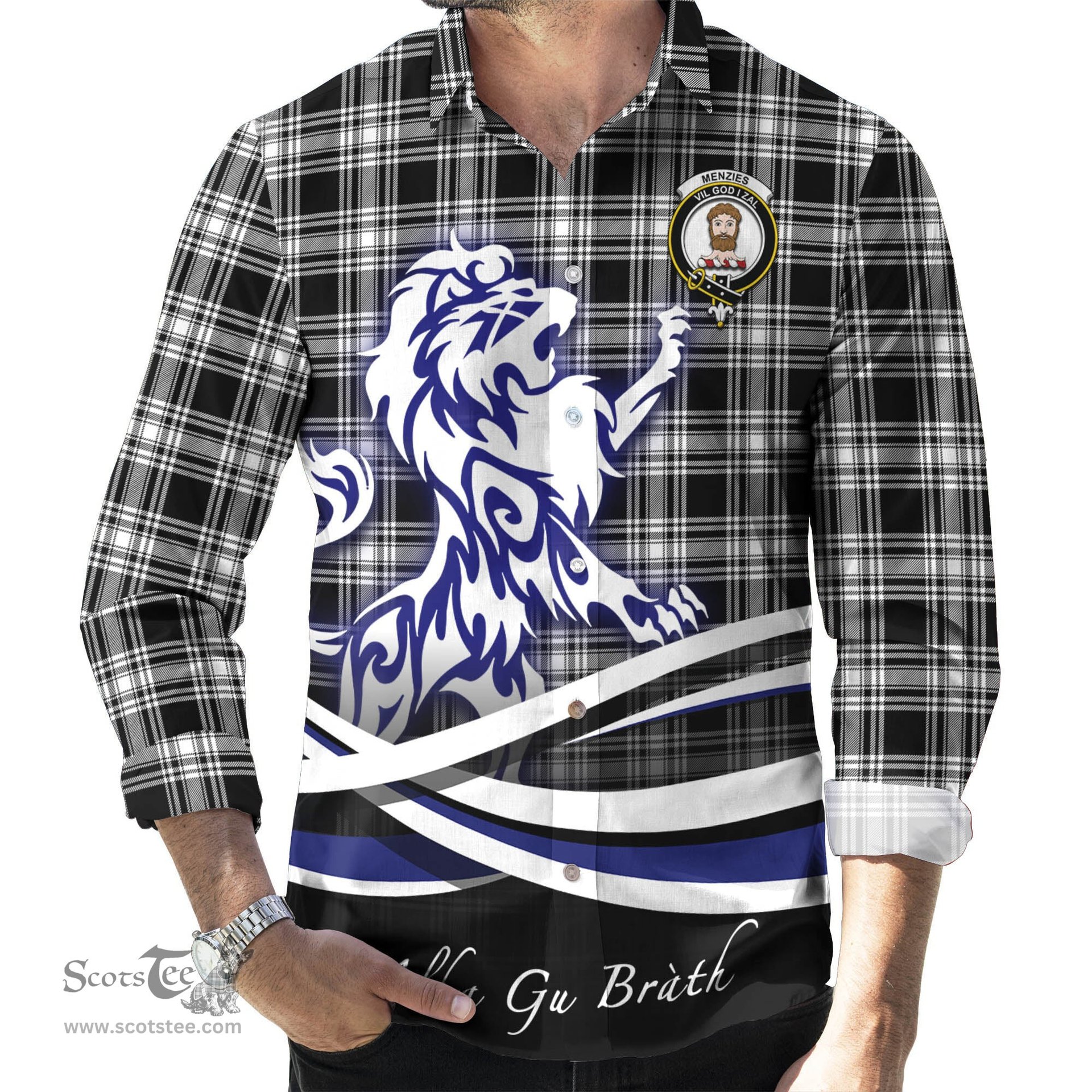 ScotsTee Shop Scottish Menzies Black and White Clan Crest Tartan Alba Gu Brath Regal Lion Emblem Long Sleeve Shirt
