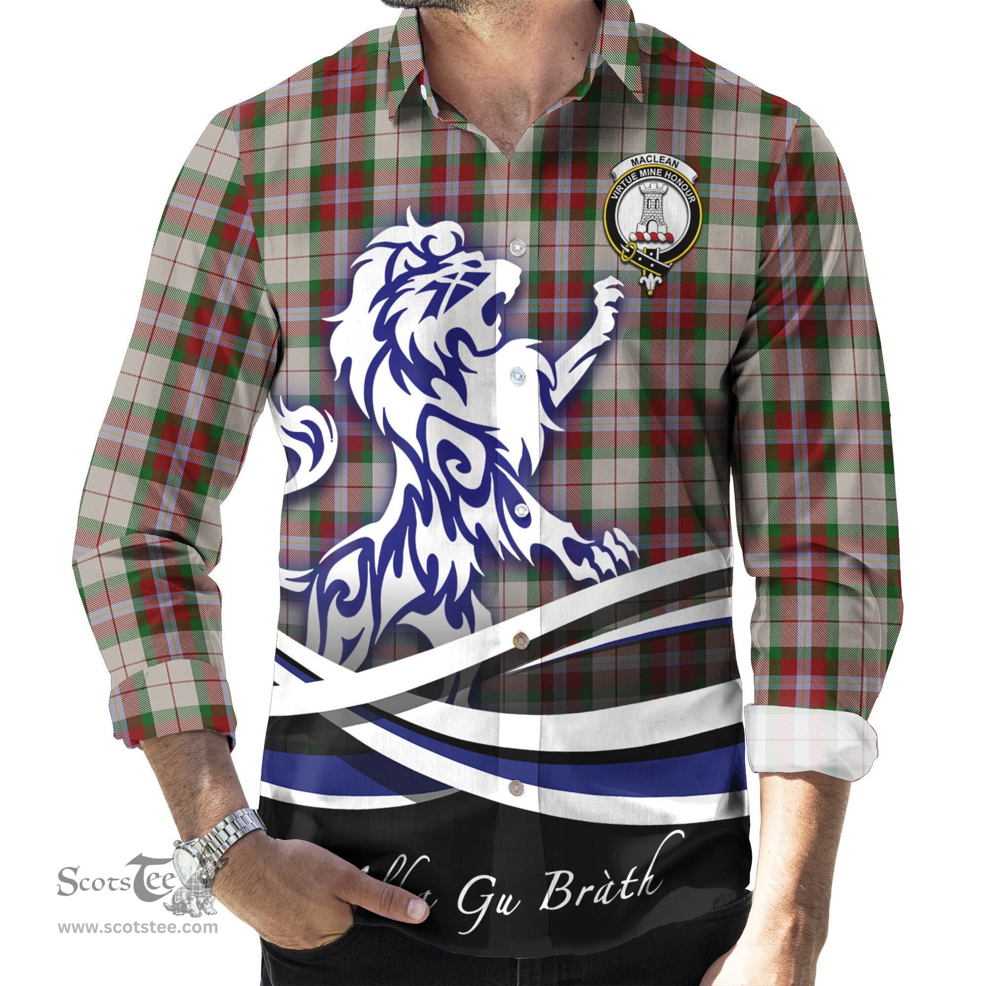 ScotsTee Shop Scottish MacLean Dress Clan Crest Tartan Alba Gu Brath Regal Lion Emblem Long Sleeve Shirt