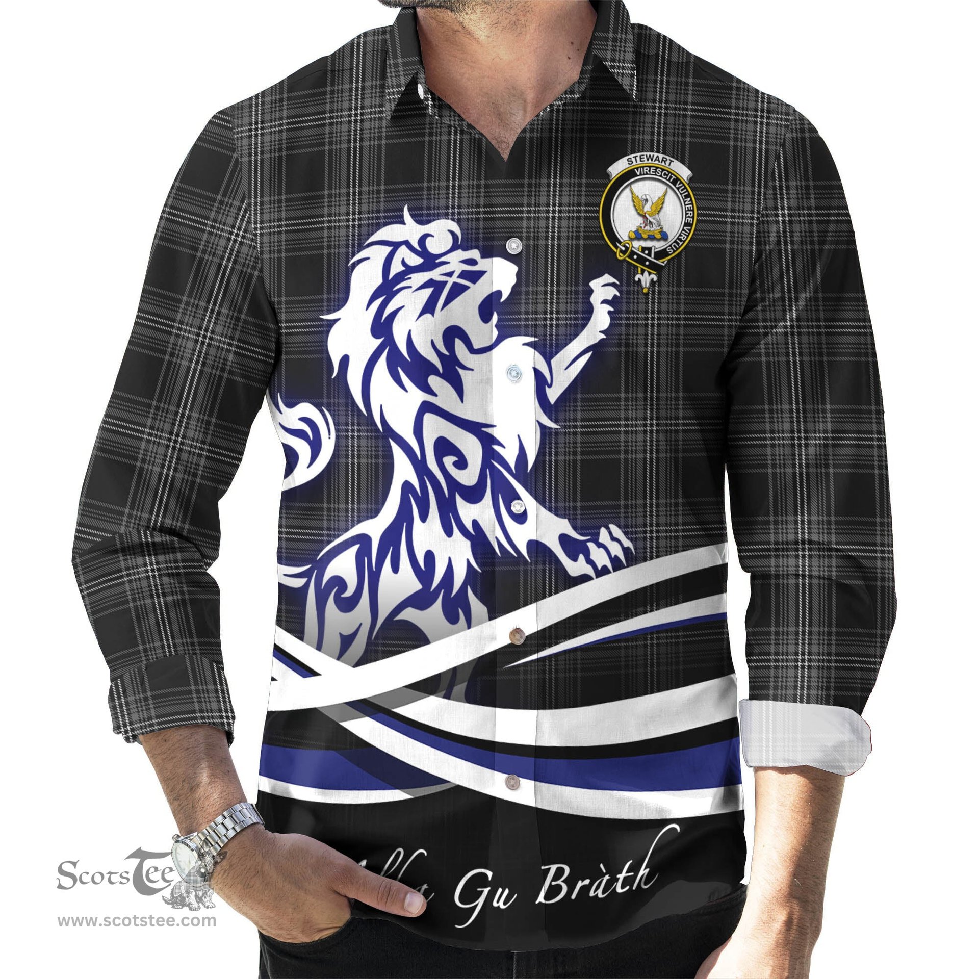 ScotsTee Shop Scottish Stewart Mourning Clan Crest Tartan Alba Gu Brath Regal Lion Emblem Long Sleeve Shirt