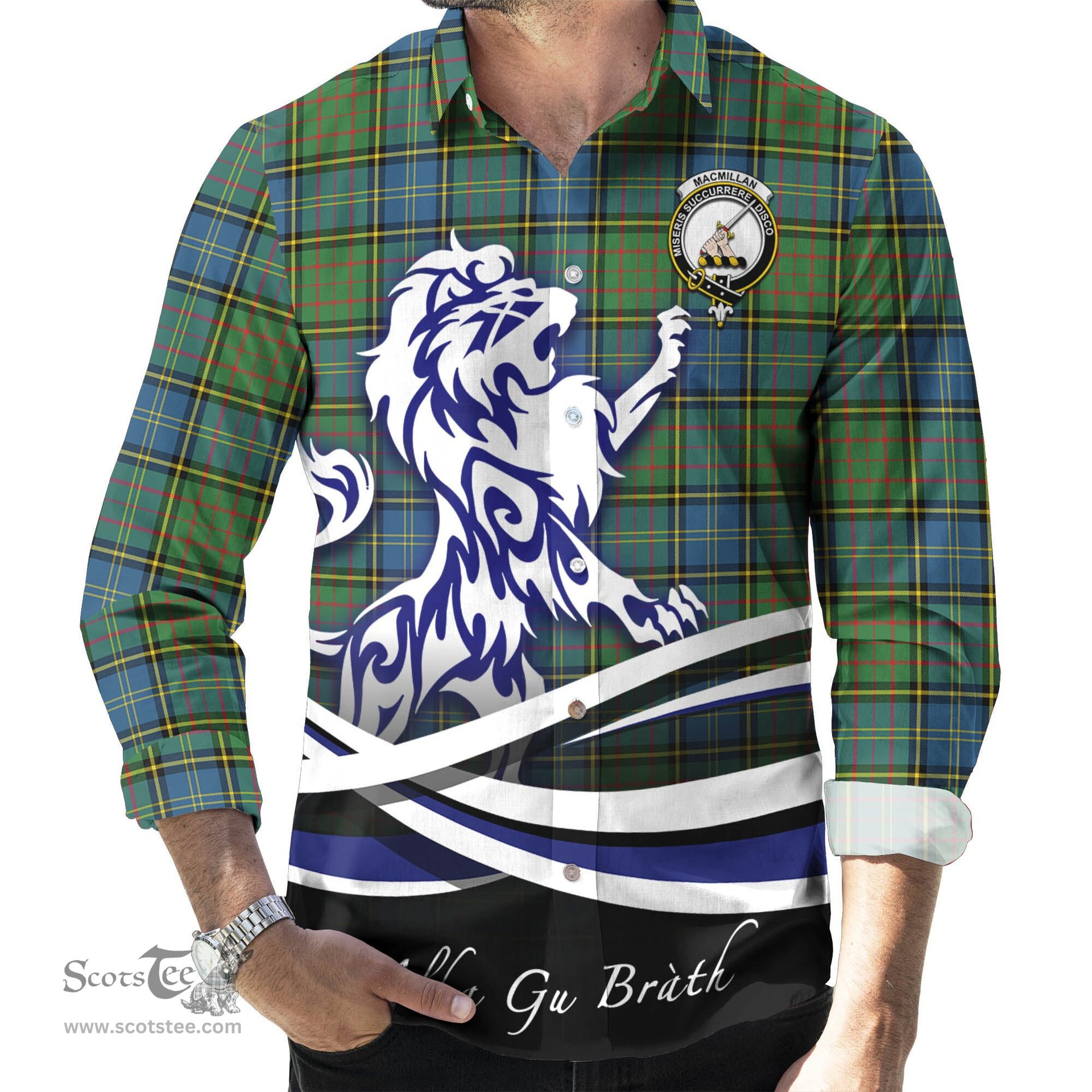 ScotsTee Shop Scottish MacMillan Hunting Ancient Clan Crest Tartan Alba Gu Brath Regal Lion Emblem Long Sleeve Shirt