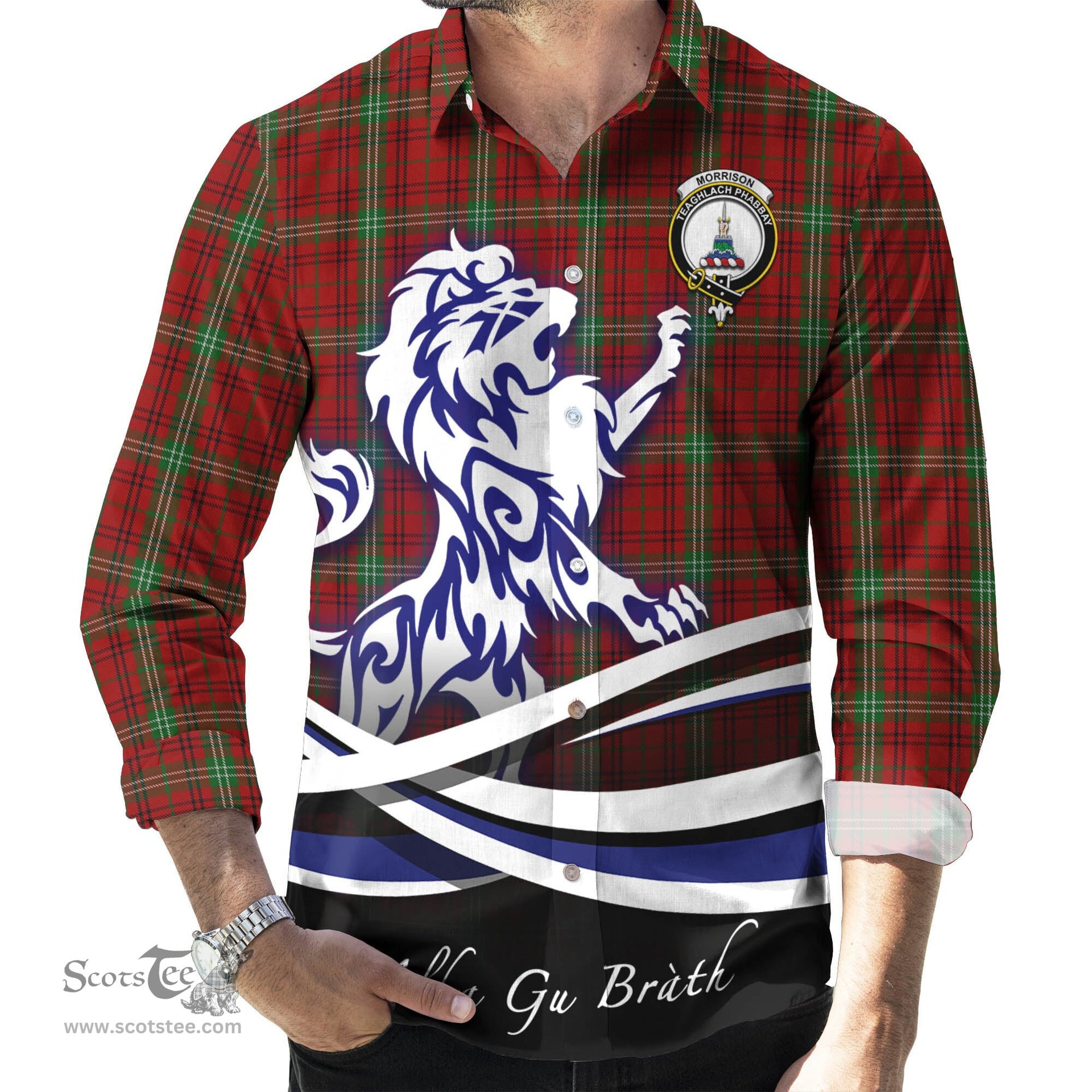 ScotsTee Shop Scottish Morrison Clan Crest Tartan Alba Gu Brath Regal Lion Emblem Long Sleeve Shirt