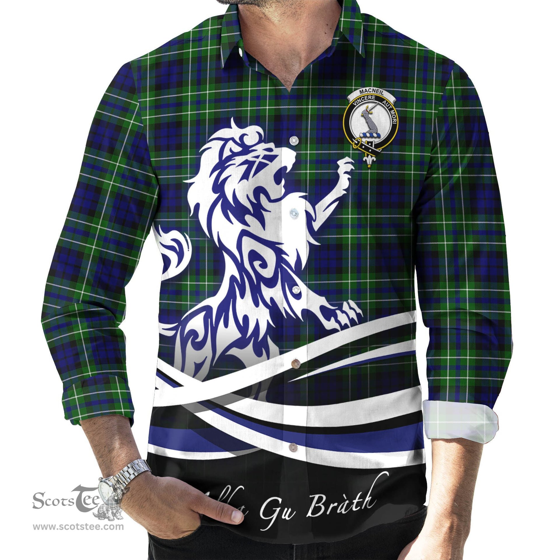 ScotsTee Shop Scottish MacNeil of Colonsay Modern Clan Crest Tartan Alba Gu Brath Regal Lion Emblem Long Sleeve Shirt