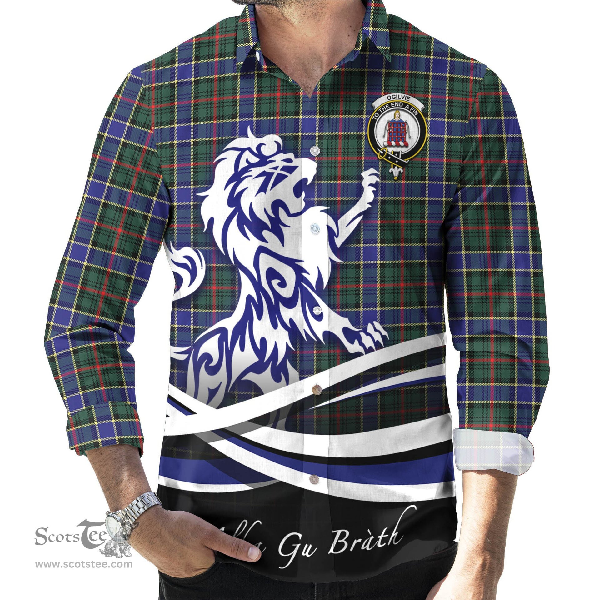 ScotsTee Shop Scottish Ogilvie (Ogilvy) Hunting Modern Clan Crest Tartan Alba Gu Brath Regal Lion Emblem Long Sleeve Shirt