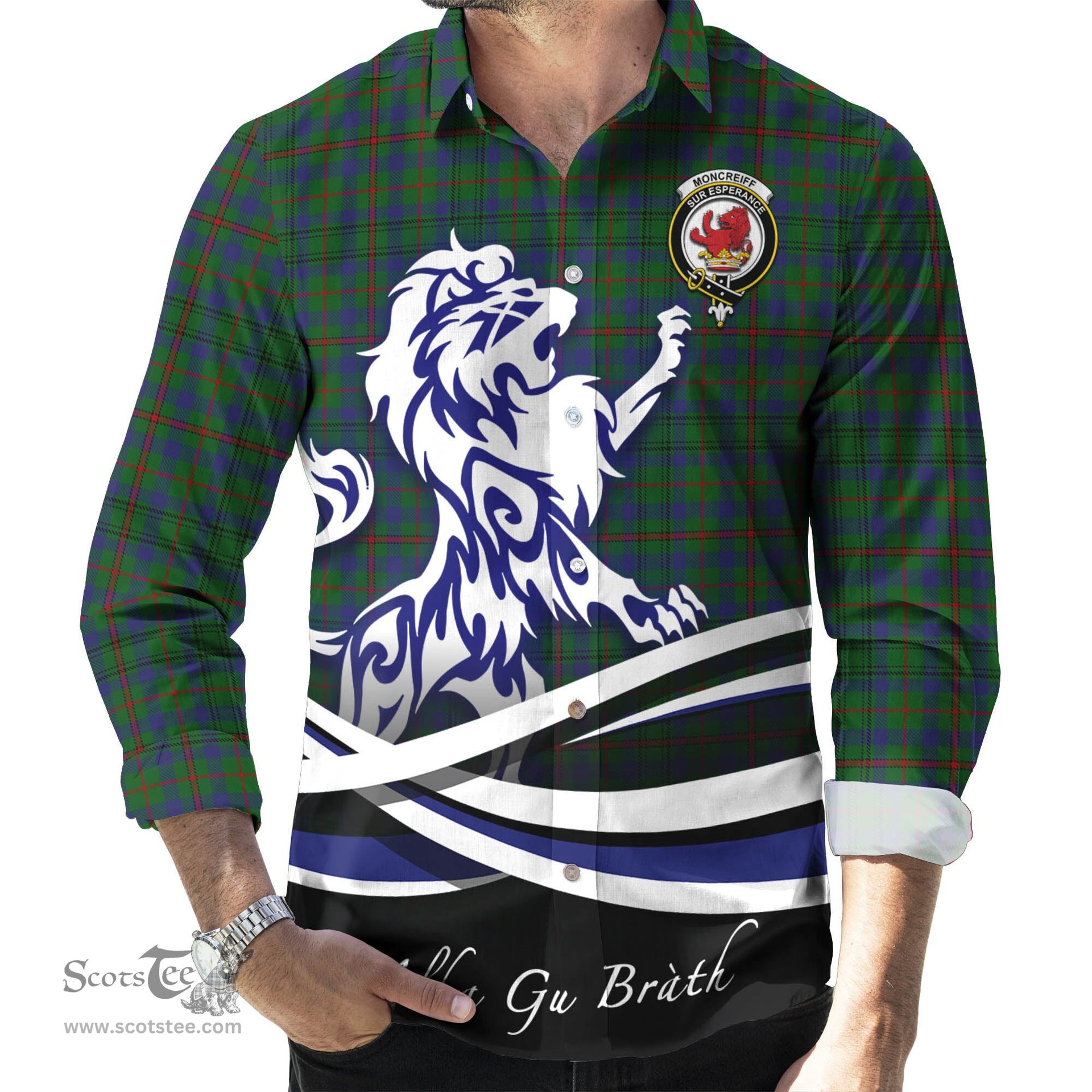 ScotsTee Shop Scottish Moncrieff of Atholl Clan Crest Tartan Alba Gu Brath Regal Lion Emblem Long Sleeve Shirt