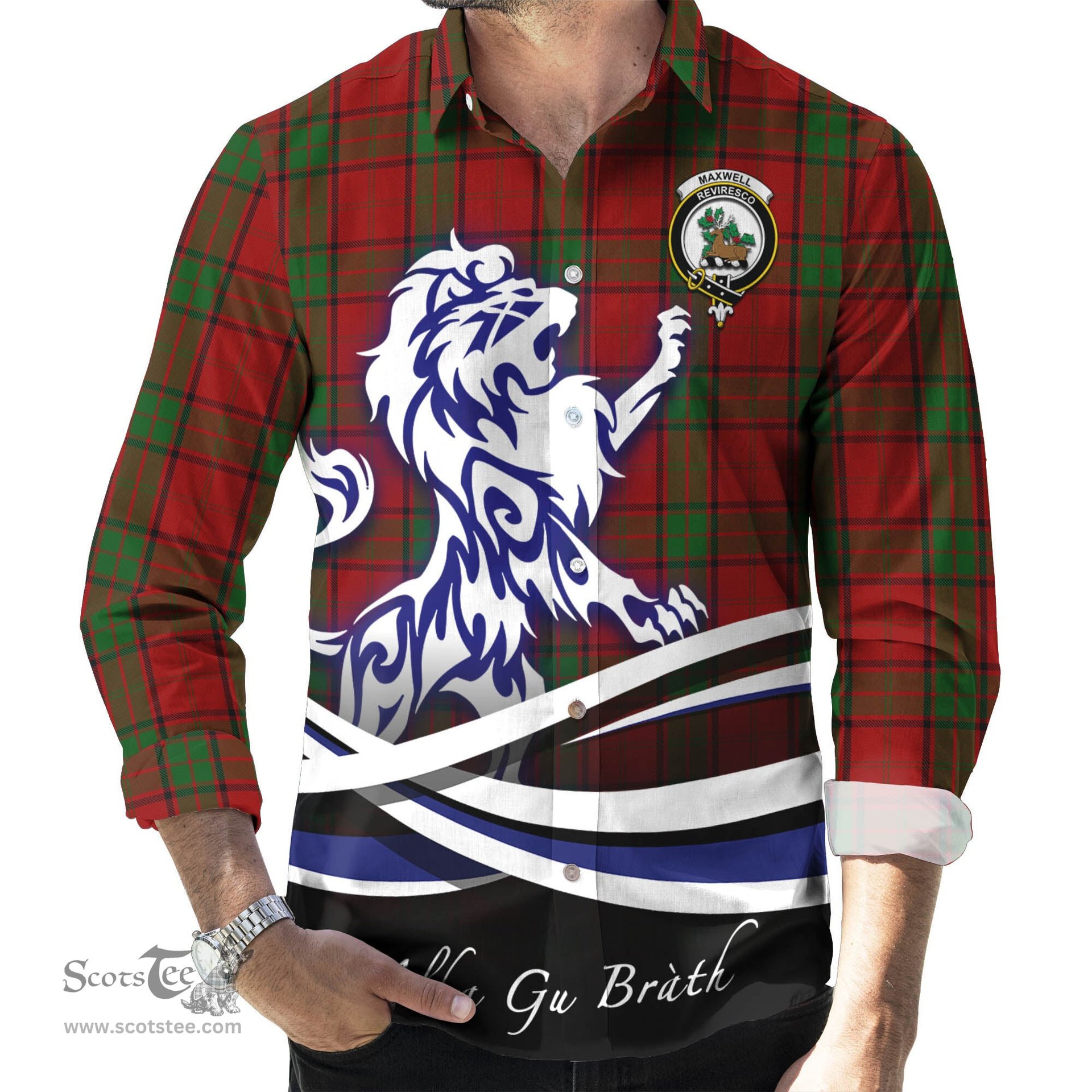 ScotsTee Shop Scottish Maxwell Clan Crest Tartan Alba Gu Brath Regal Lion Emblem Long Sleeve Shirt