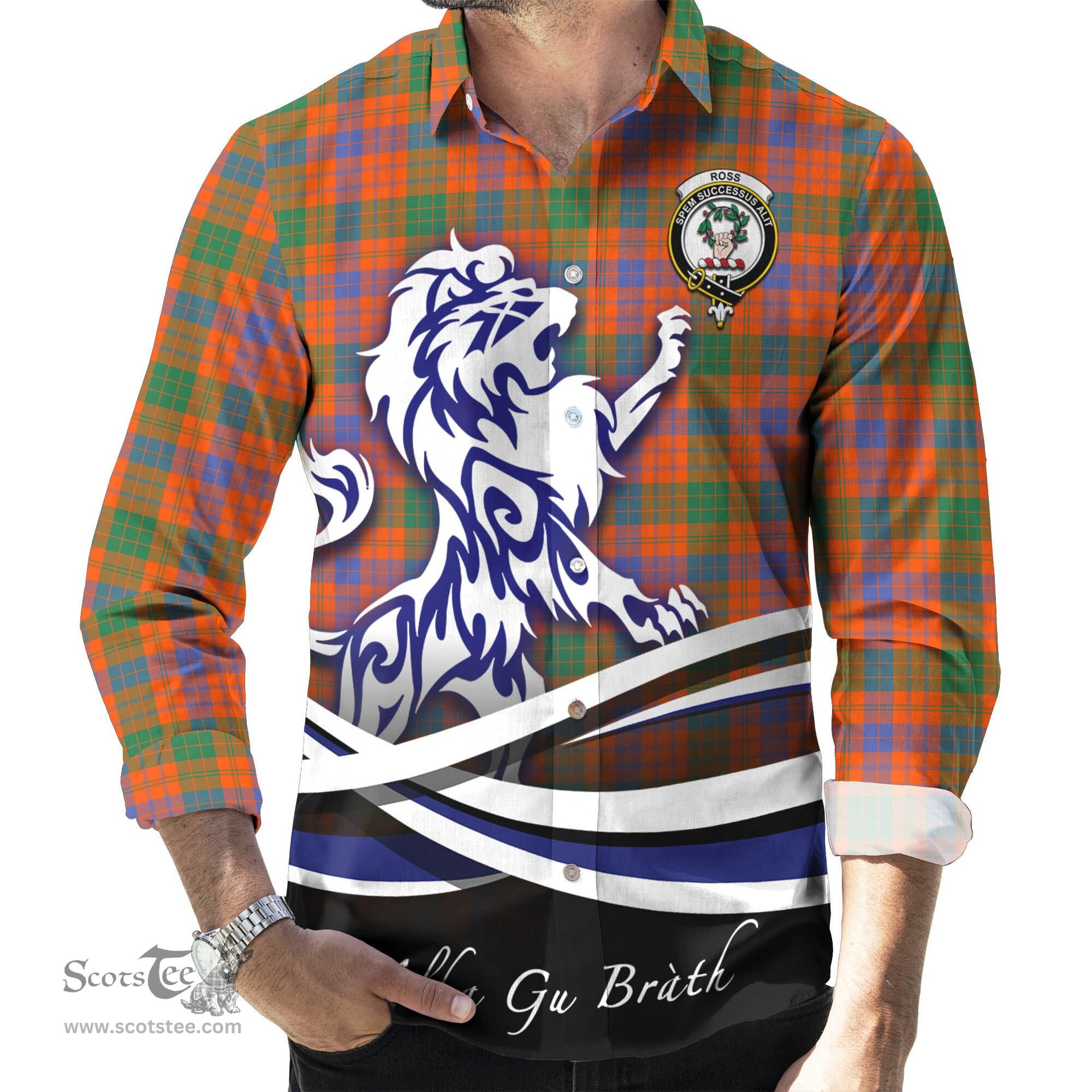 ScotsTee Shop Scottish Ross Ancient Clan Crest Tartan Alba Gu Brath Regal Lion Emblem Long Sleeve Shirt