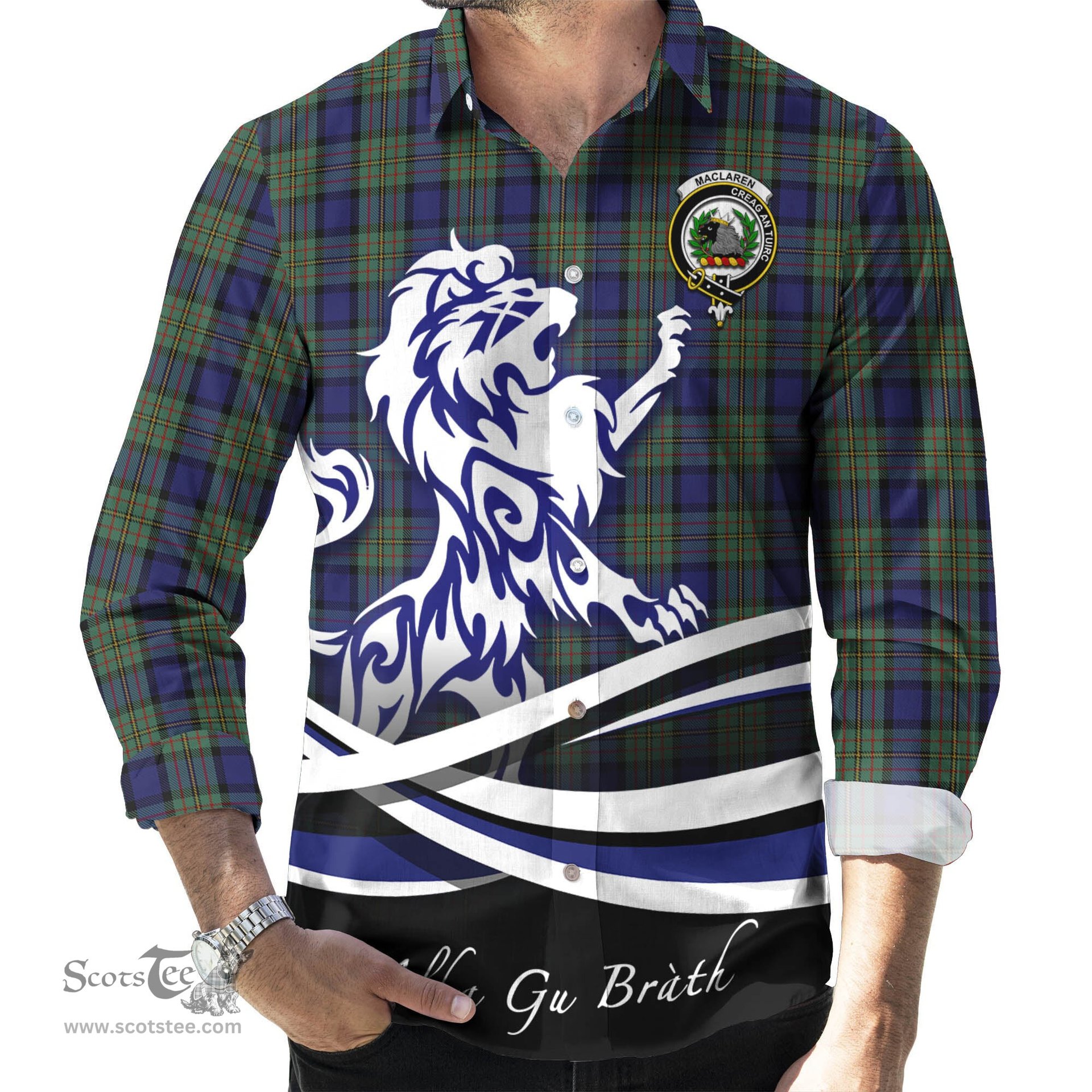 ScotsTee Shop Scottish MacLaren Clan Crest Tartan Alba Gu Brath Regal Lion Emblem Long Sleeve Shirt