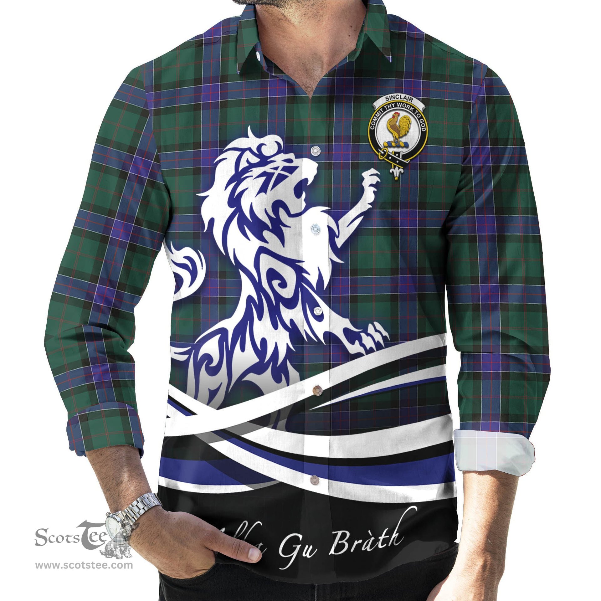 ScotsTee Shop Scottish Sinclair Hunting Modern Clan Crest Tartan Alba Gu Brath Regal Lion Emblem Long Sleeve Shirt