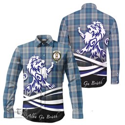 ScotsTee Shop Scottish Menzies Dress Blue and White Clan Crest Tartan Alba Gu Brath Regal Lion Emblem Long Sleeve Shirt