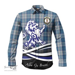ScotsTee Shop Scottish Menzies Dress Blue and White Clan Crest Tartan Alba Gu Brath Regal Lion Emblem Long Sleeve Shirt