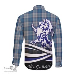 ScotsTee Shop Scottish Menzies Dress Blue and White Clan Crest Tartan Alba Gu Brath Regal Lion Emblem Long Sleeve Shirt