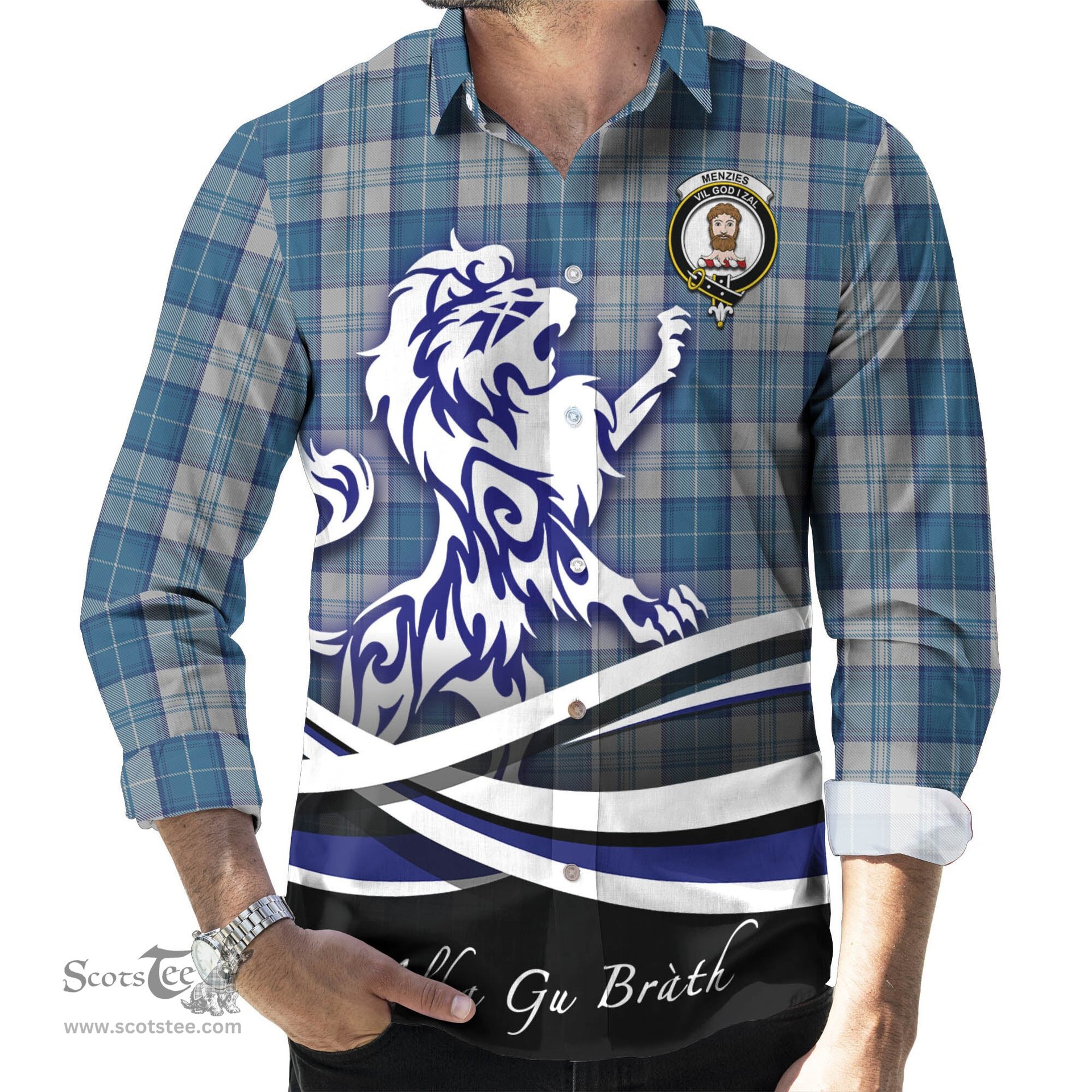 ScotsTee Shop Scottish Menzies Dress Blue and White Clan Crest Tartan Alba Gu Brath Regal Lion Emblem Long Sleeve Shirt